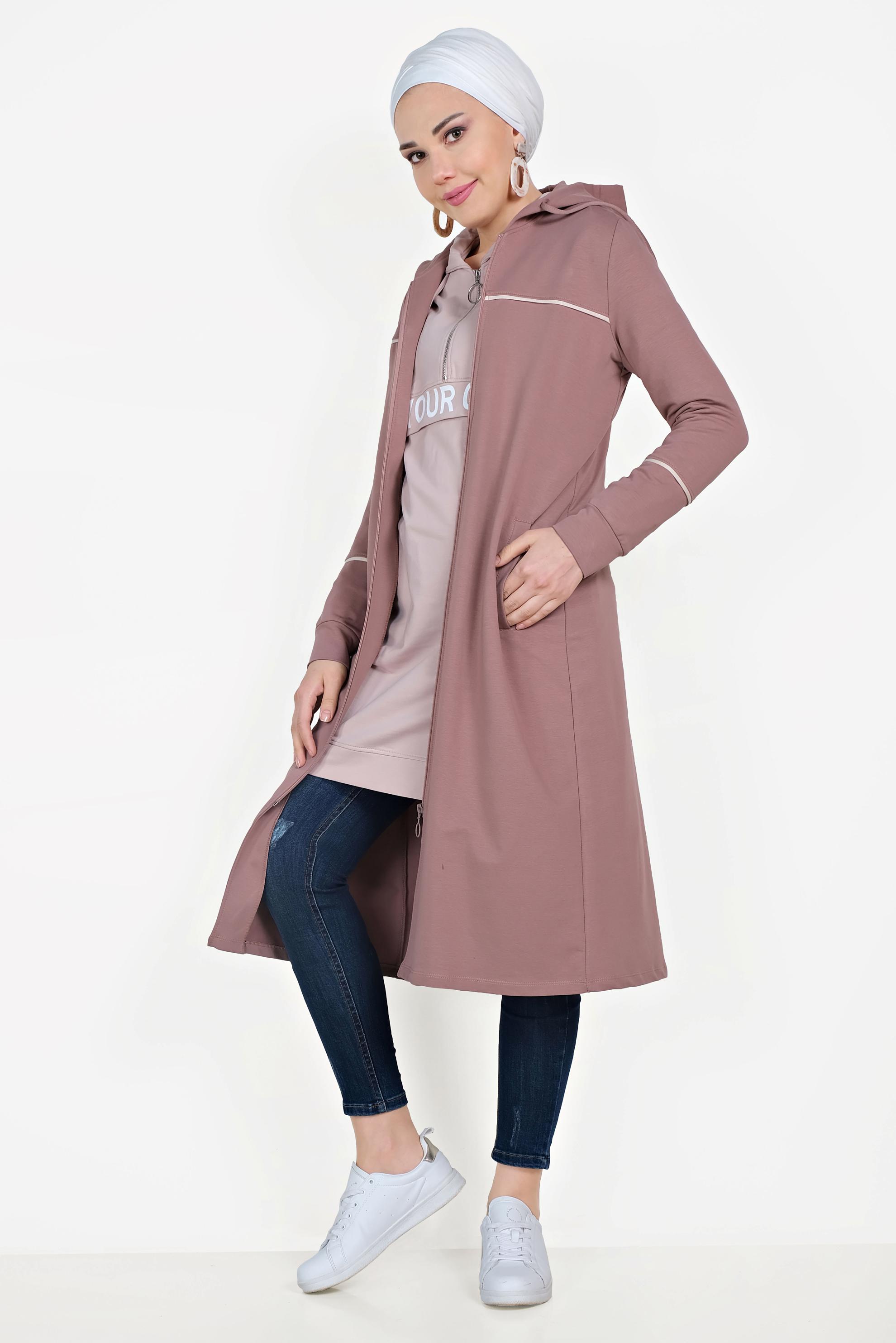 Tesettür giyim PEMBE PAMUKLU CEPLİ KAPÜŞONLU EŞOFMAN TUNİK 40681