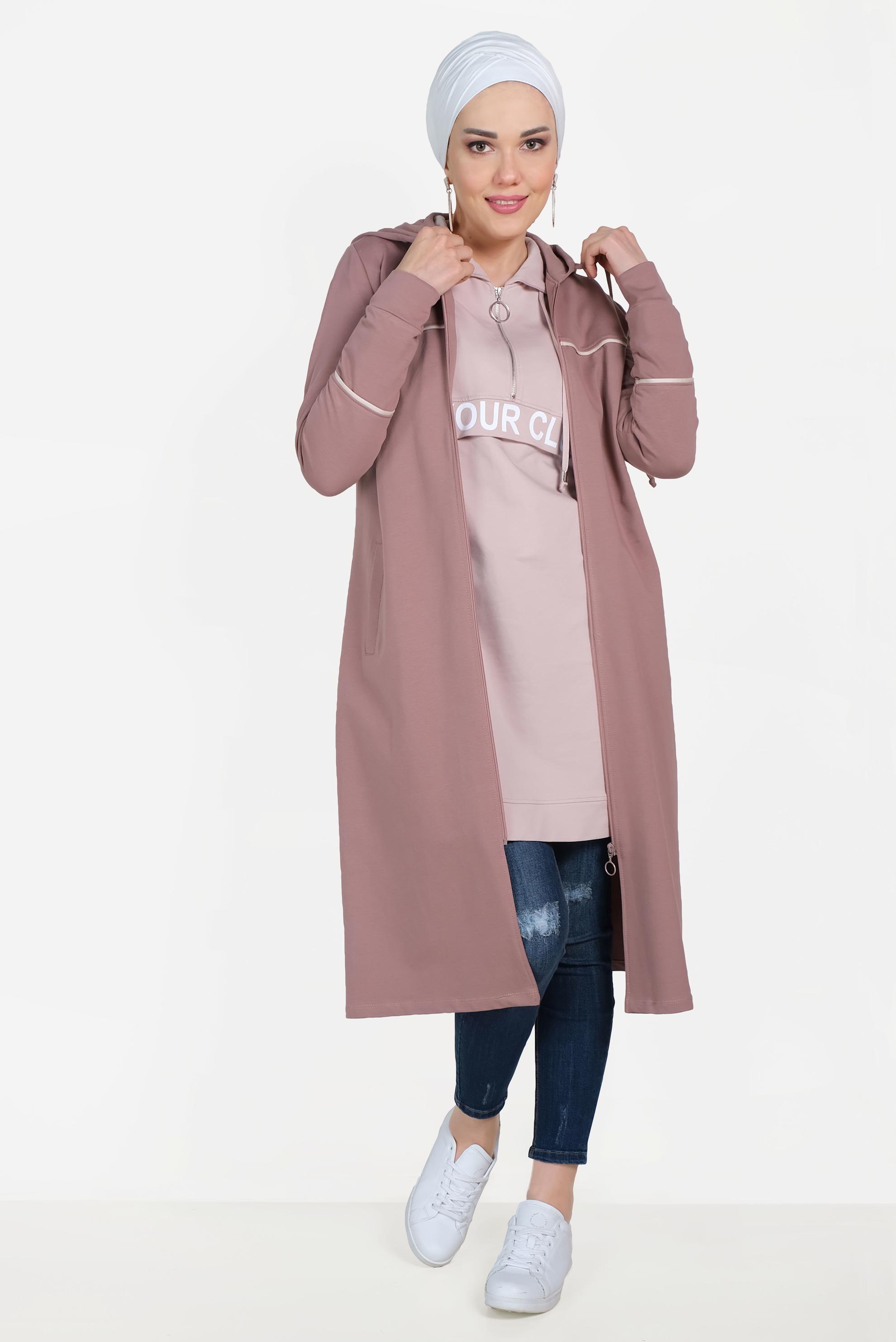 Tesettür giyim PEMBE PAMUKLU CEPLİ KAPÜŞONLU EŞOFMAN TUNİK 40681