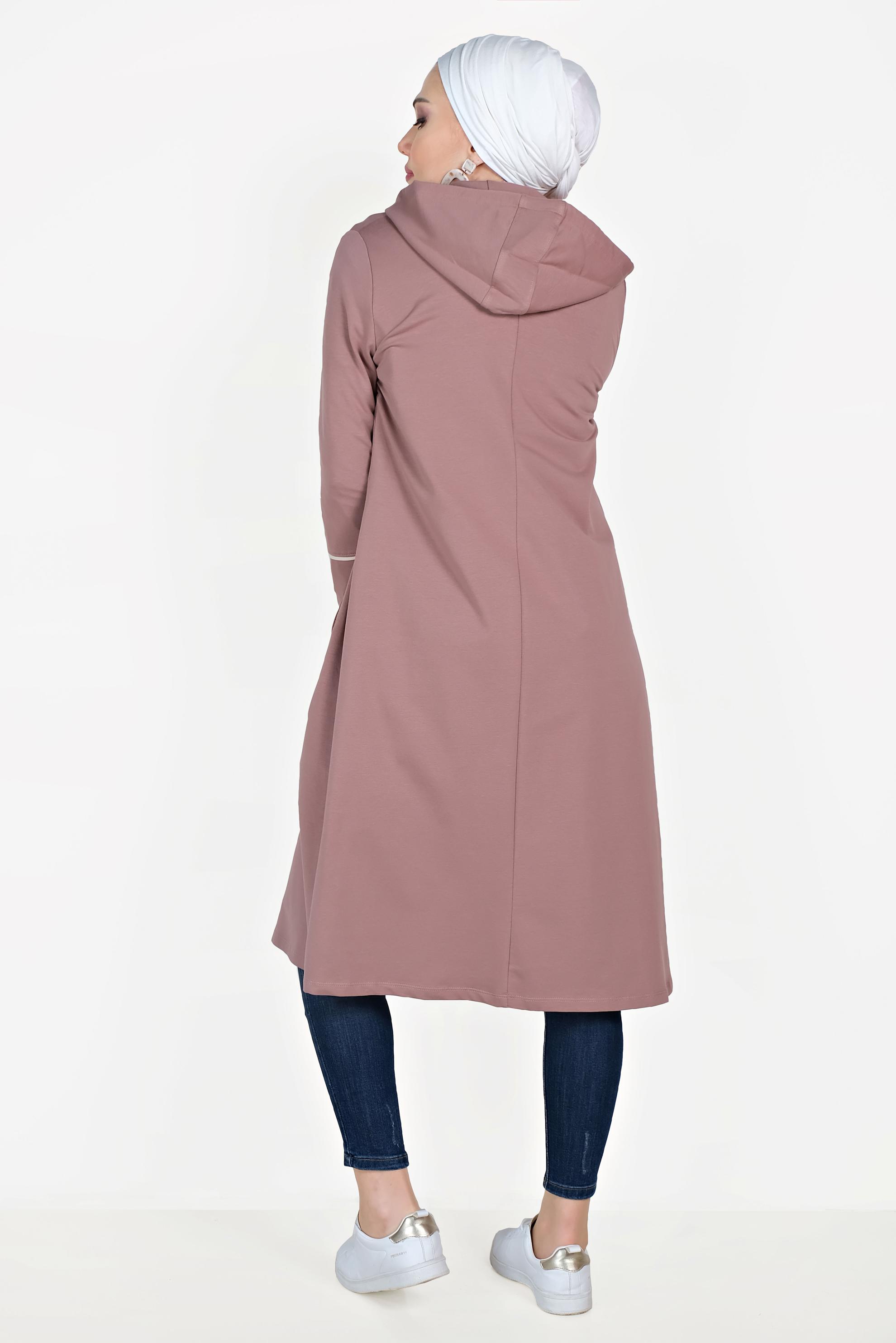 Tesettür giyim PEMBE PAMUKLU CEPLİ KAPÜŞONLU EŞOFMAN TUNİK 40681