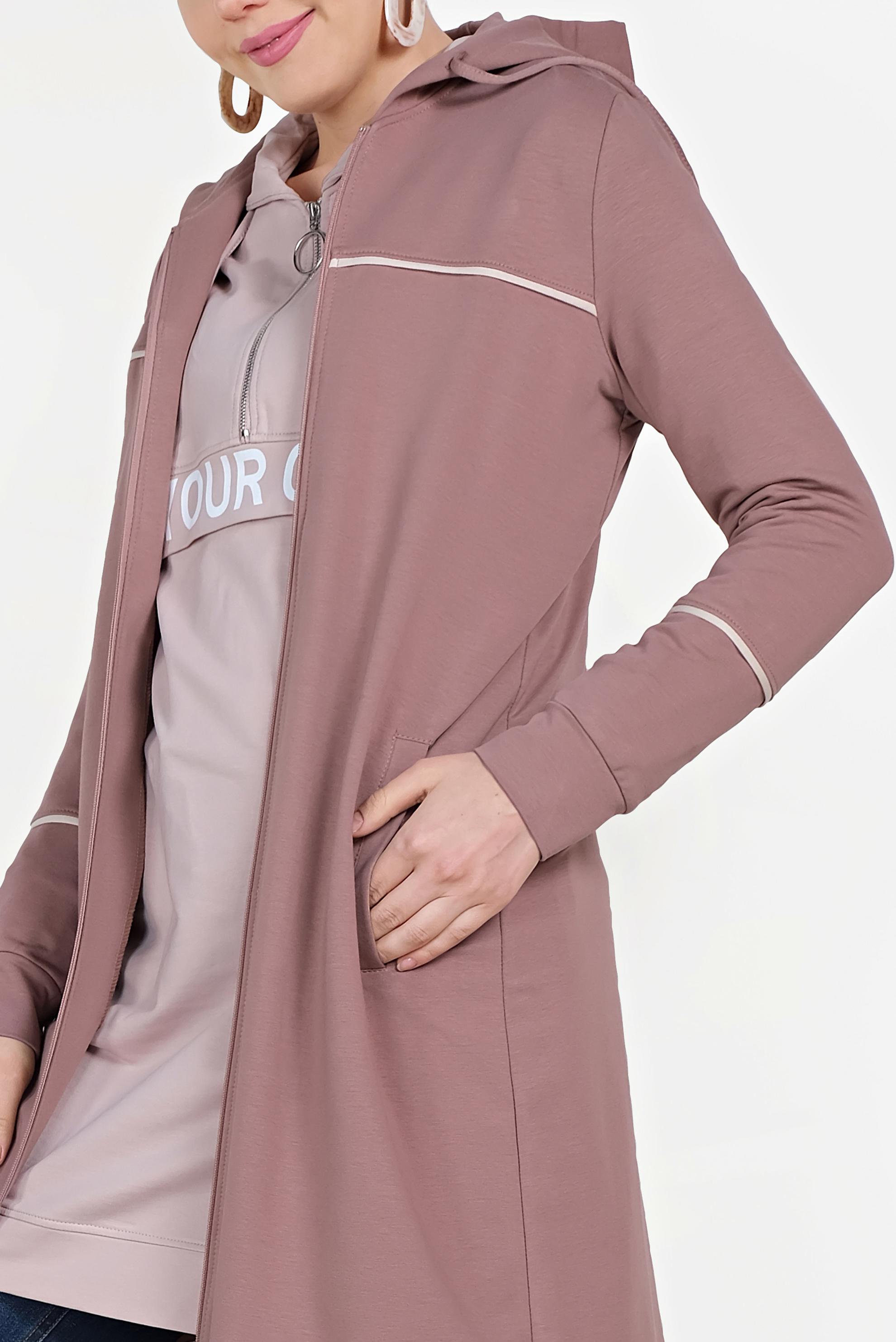 Tesettür giyim PEMBE PAMUKLU CEPLİ KAPÜŞONLU EŞOFMAN TUNİK 40681