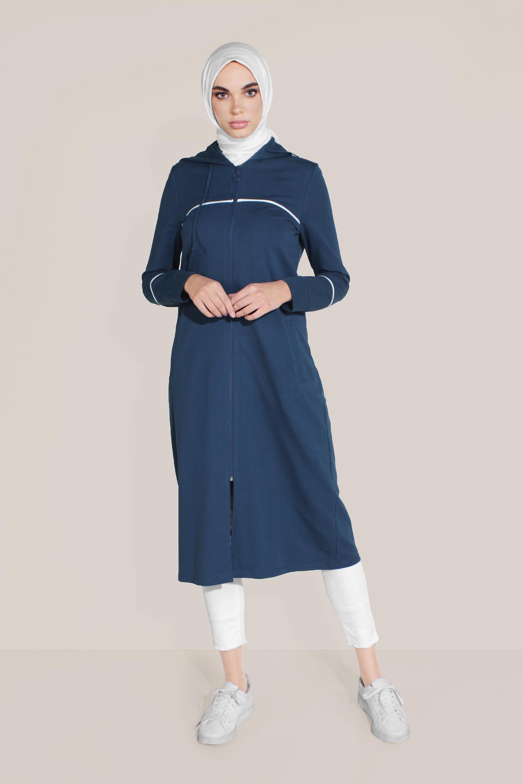 Tesettür giyim LACİVERT PAMUKLU CEPLİ KAPÜŞONLU EŞOFMAN TUNİK 40681
