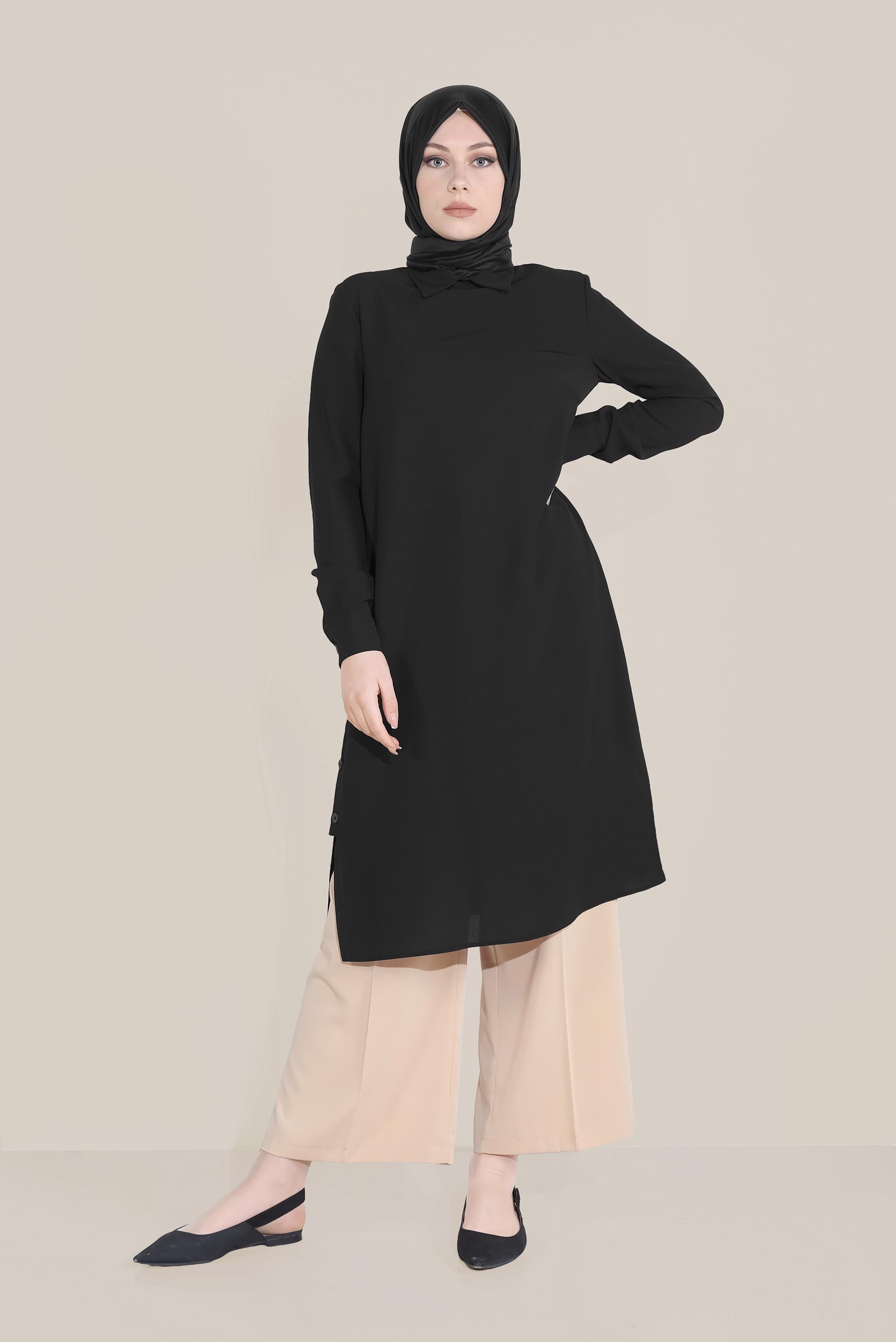 Tesettür giyim SİYAH YIRTMACI DÜĞMELİ SİVRİ YAKA TUNİK 40686