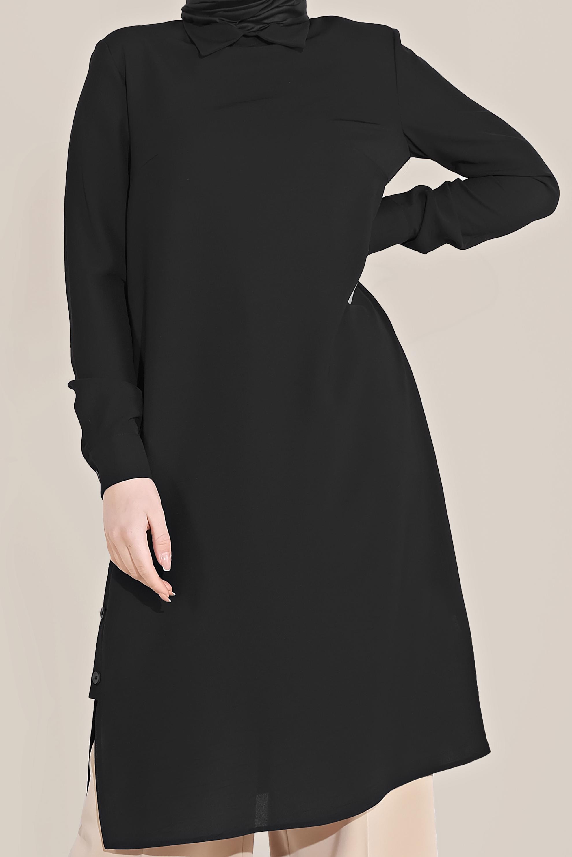 Tesettür giyim SİYAH YIRTMACI DÜĞMELİ SİVRİ YAKA TUNİK 40686