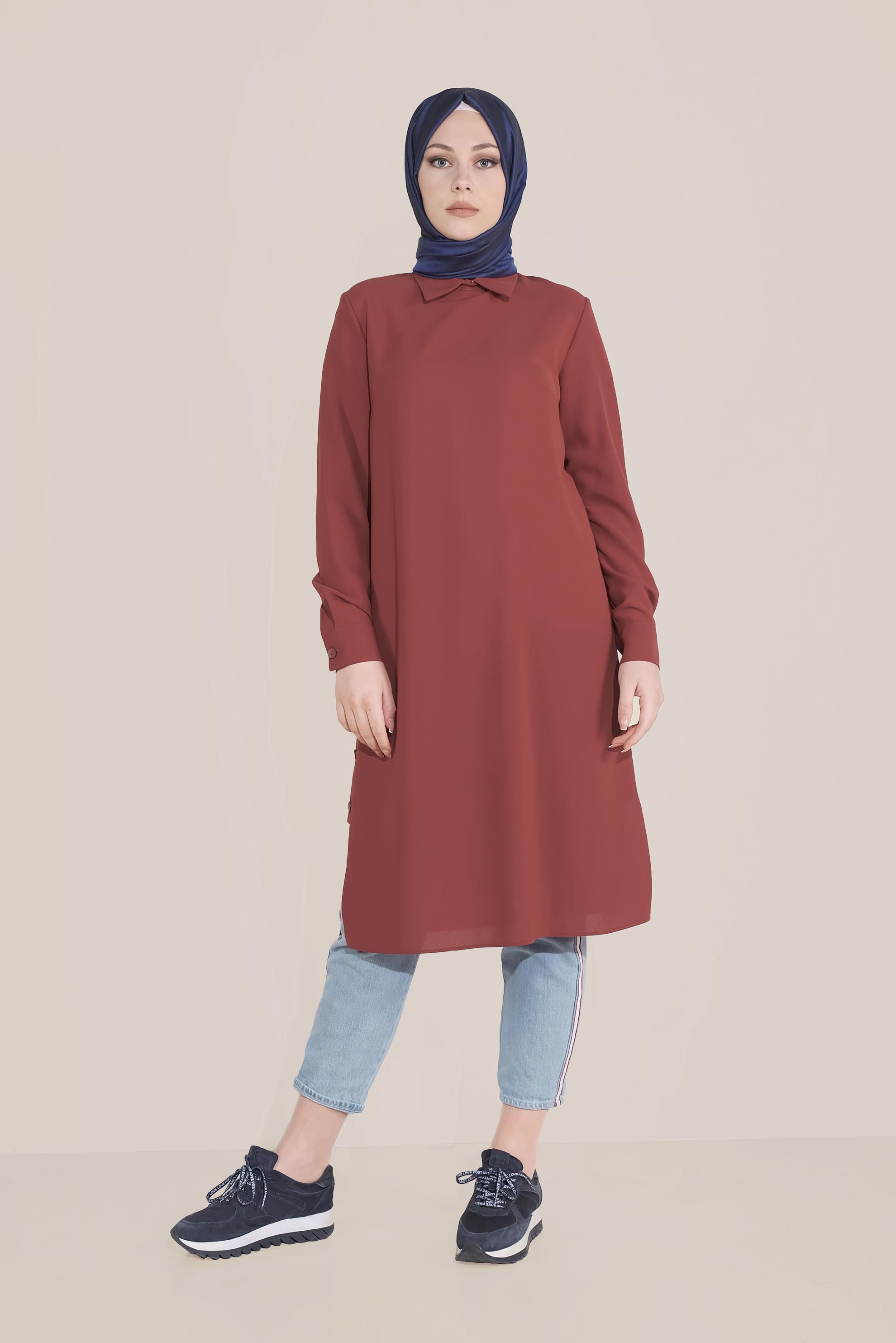 Tesettür giyim BORDO YIRTMACI DÜĞMELİ SİVRİ YAKA TUNİK 40686