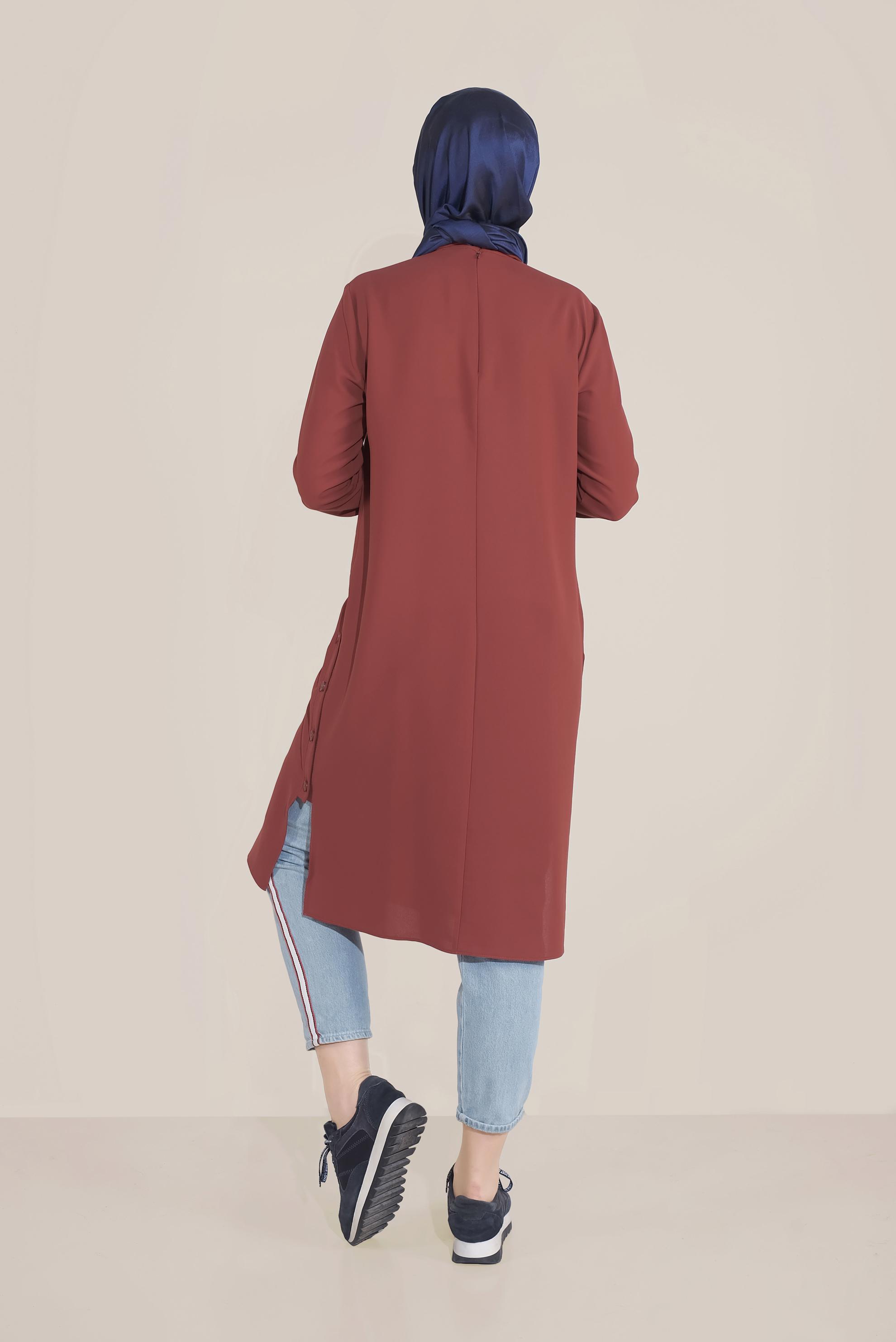 Tesettür giyim BORDO YIRTMACI DÜĞMELİ SİVRİ YAKA TUNİK 40686