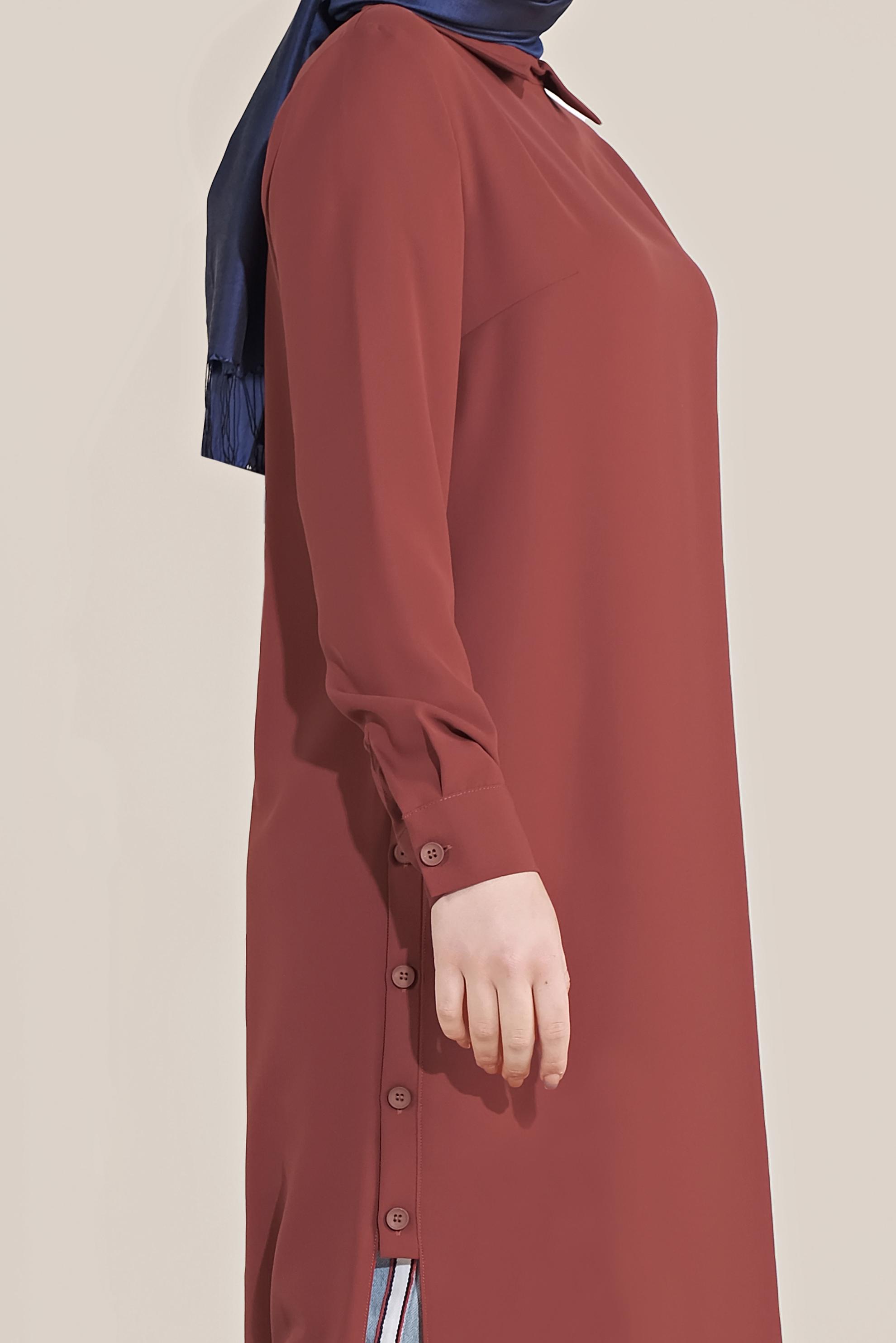 Tesettür giyim BORDO YIRTMACI DÜĞMELİ SİVRİ YAKA TUNİK 40686