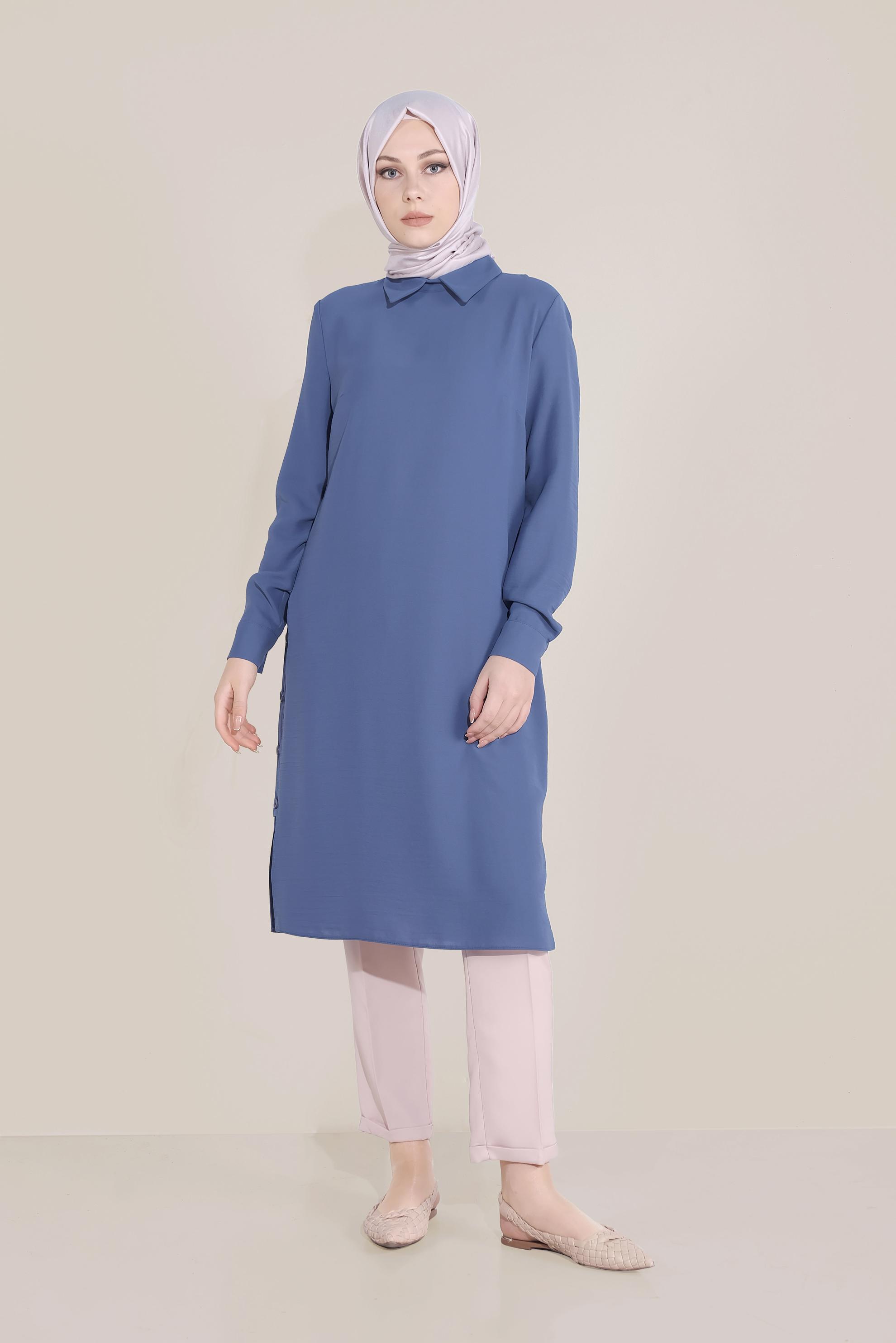 Tesettür giyim LACİVERT YIRTMACI DÜĞMELİ SİVRİ YAKA TUNİK 40686