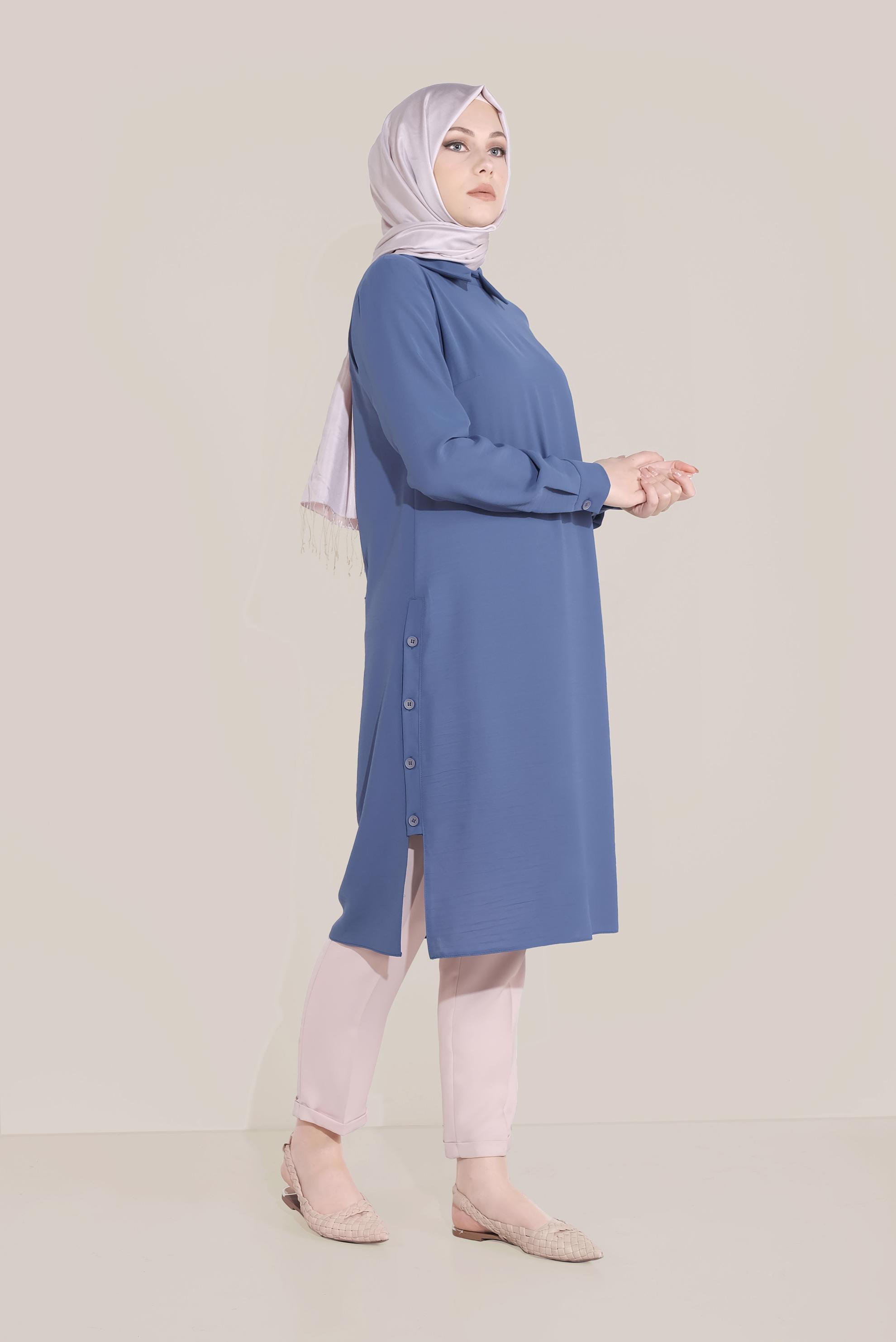 Tesettür giyim LACİVERT YIRTMACI DÜĞMELİ SİVRİ YAKA TUNİK 40686