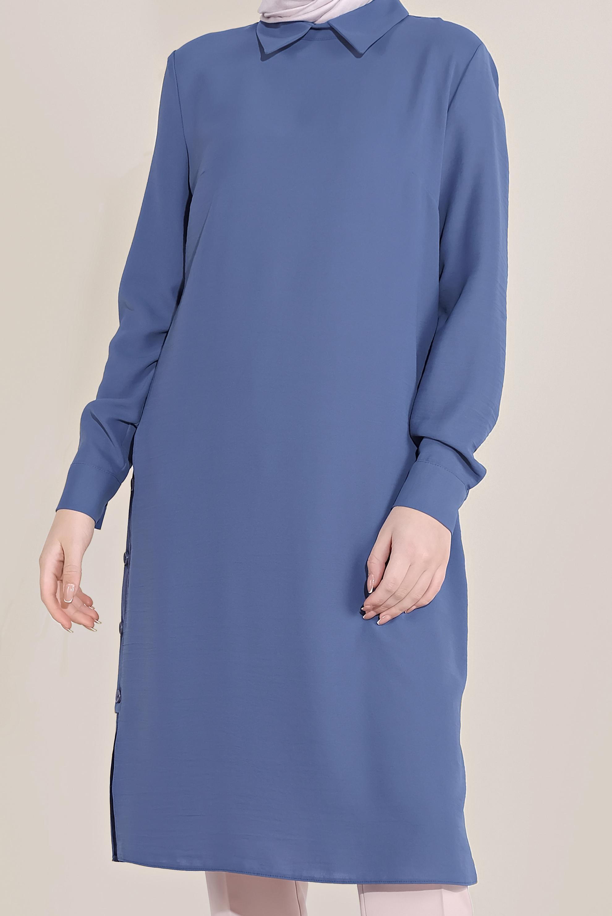 Tesettür giyim LACİVERT YIRTMACI DÜĞMELİ SİVRİ YAKA TUNİK 40686