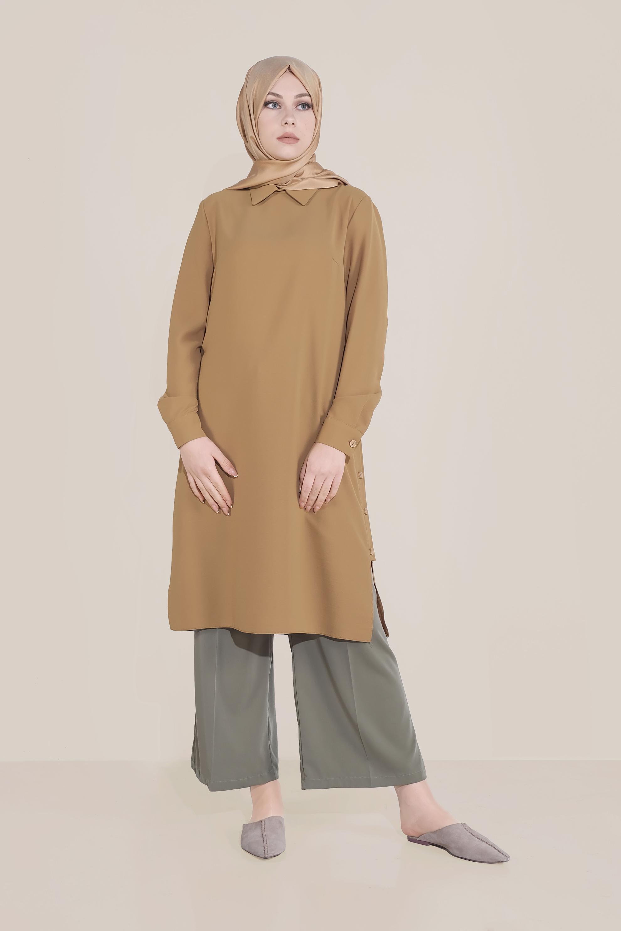 Tesettür giyim SARI YIRTMACI DÜĞMELİ SİVRİ YAKA TUNİK 40686