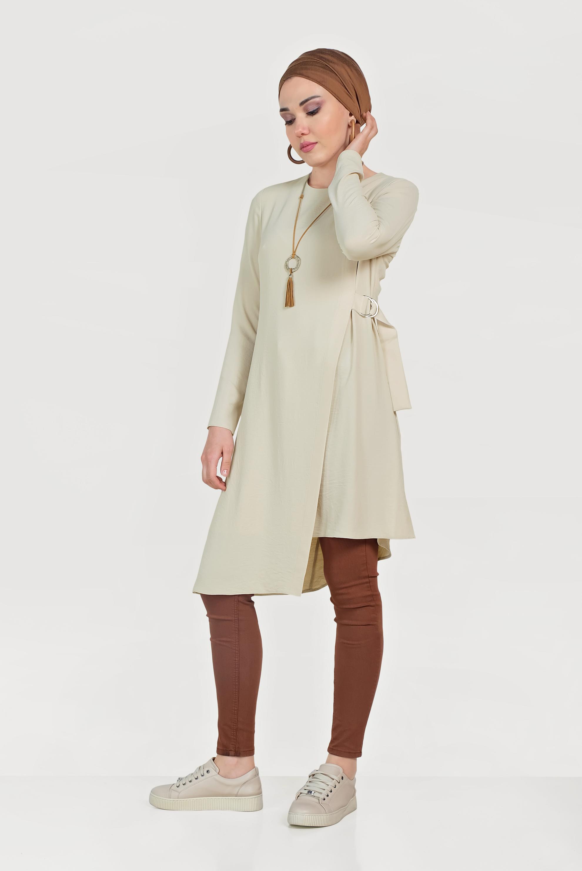 Hijab clothing BEIGE BELTED ASYMMETRIC TUNIC 40687