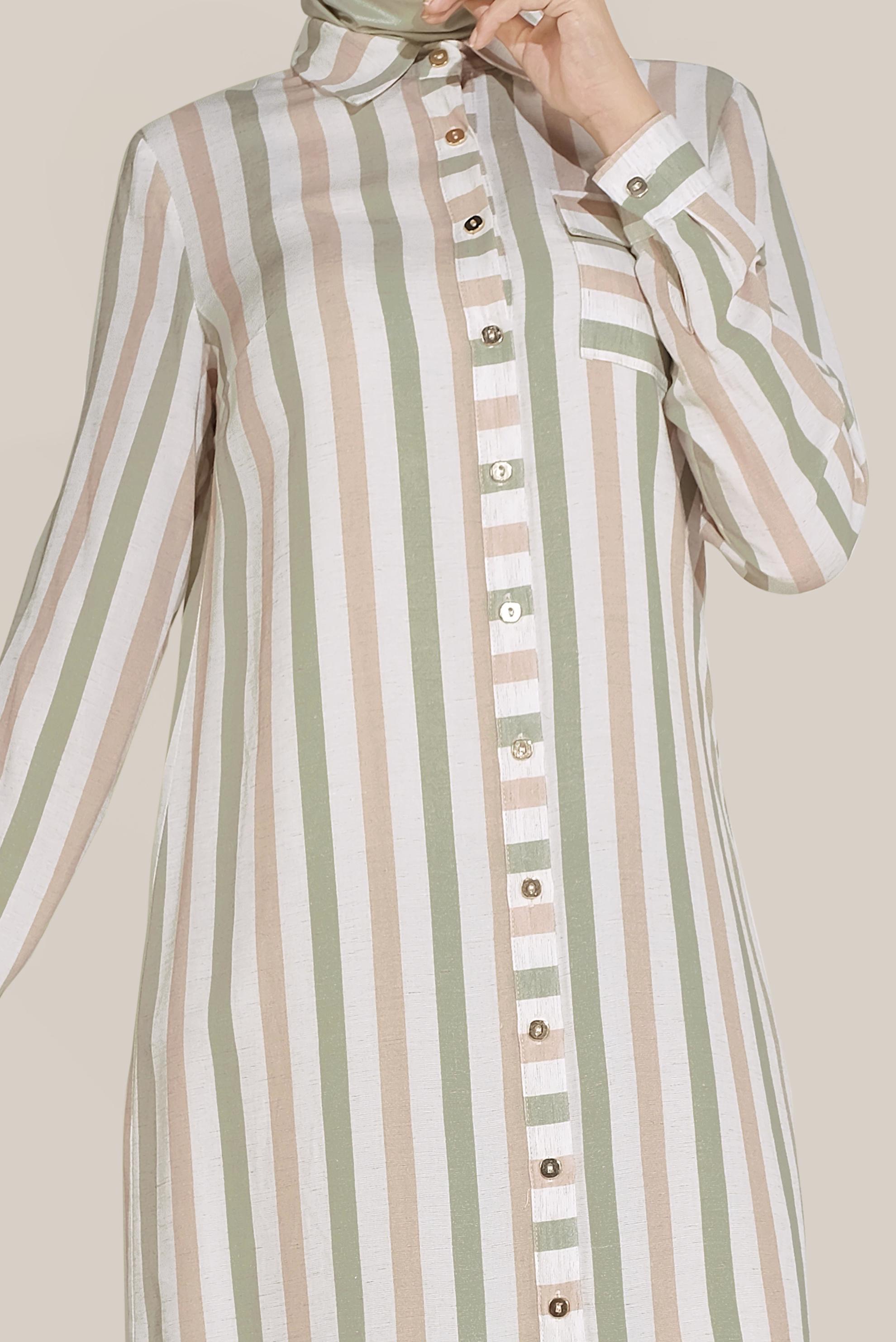 Tesettür giyim YEŞİL ÇİZGİLİ BOYDAN DÜĞMELİ TUNİK 40699