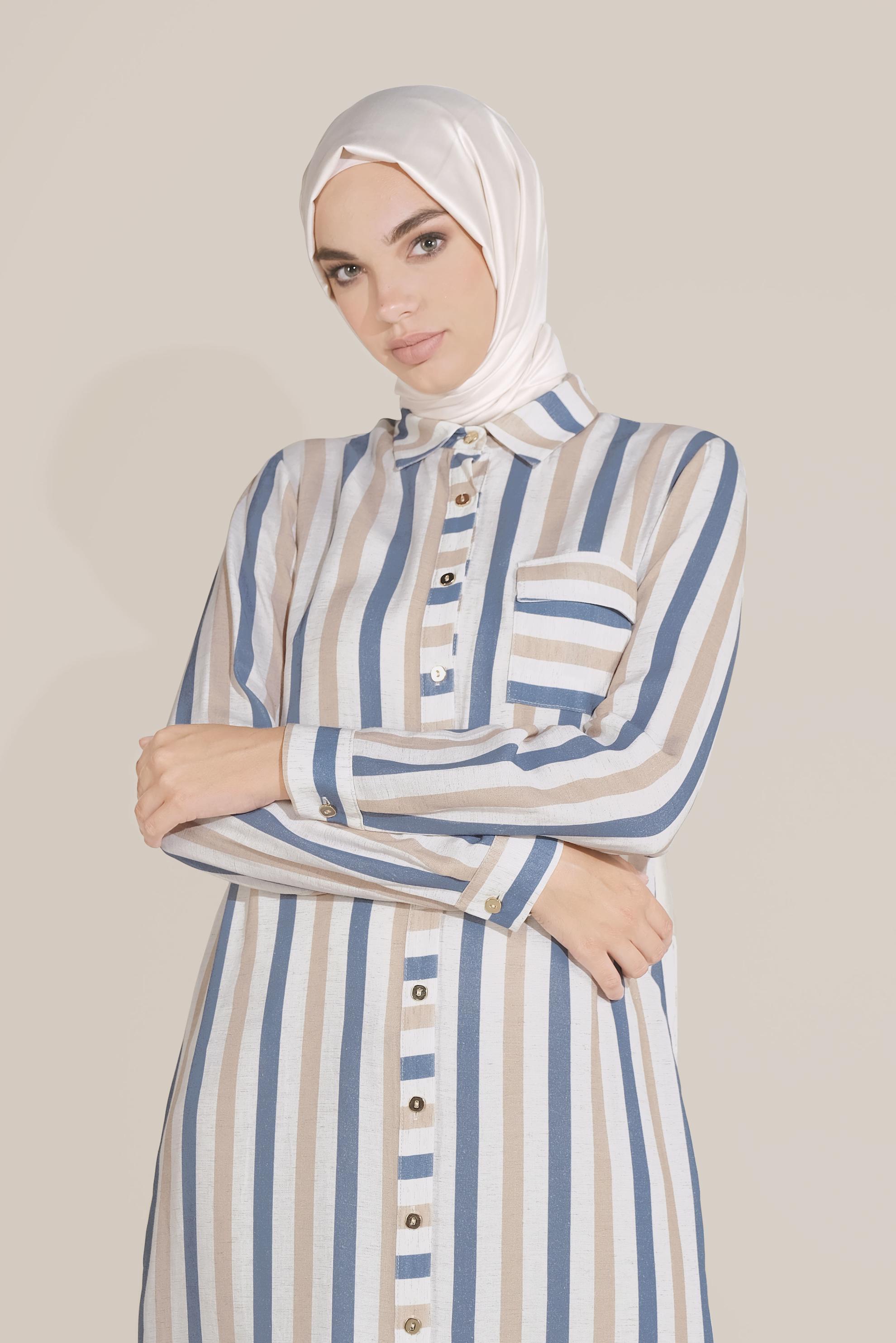 Tesettür giyim LACİVERT ÇİZGİLİ BOYDAN DÜĞMELİ TUNİK 40699