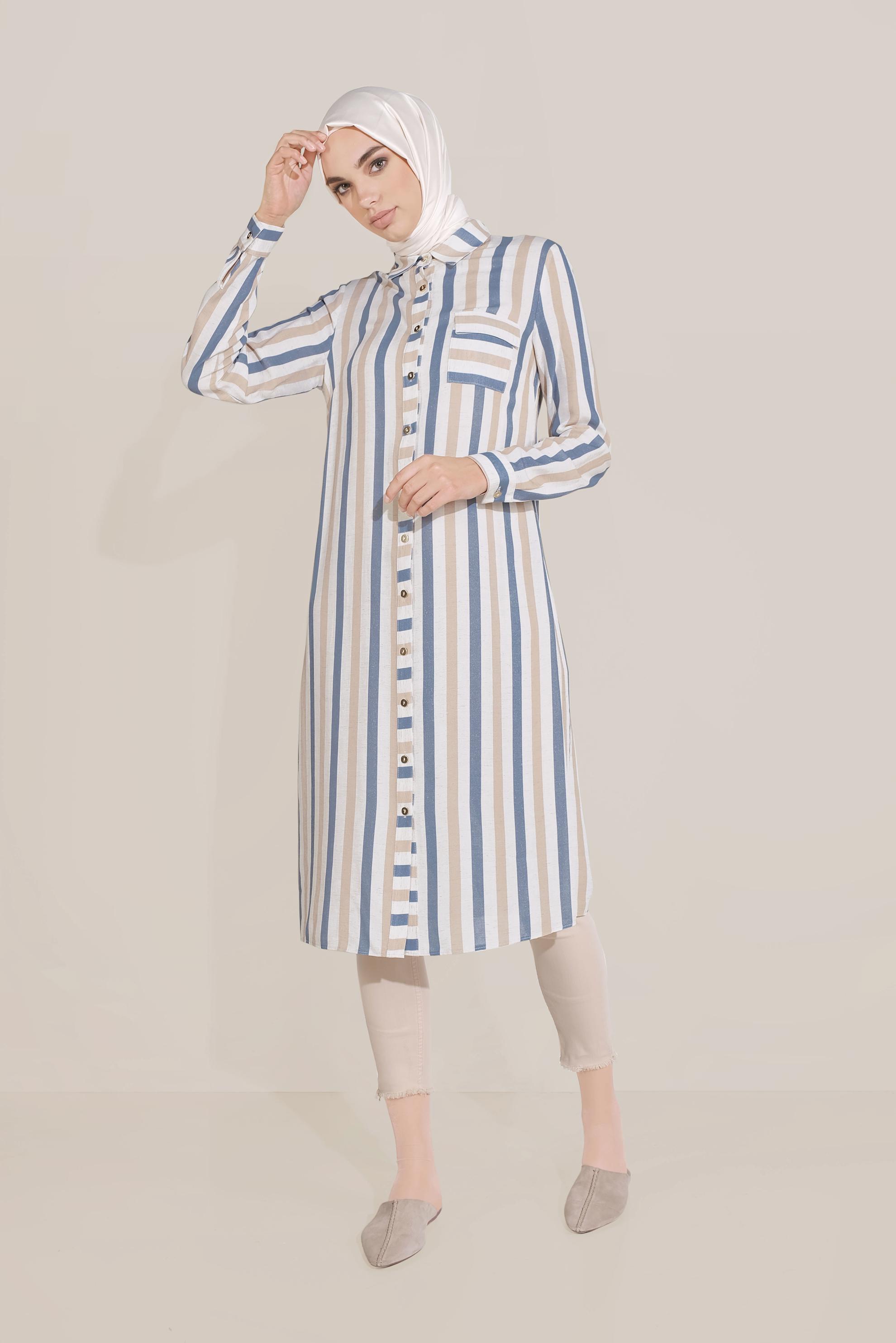 Tesettür giyim LACİVERT ÇİZGİLİ BOYDAN DÜĞMELİ TUNİK 40699