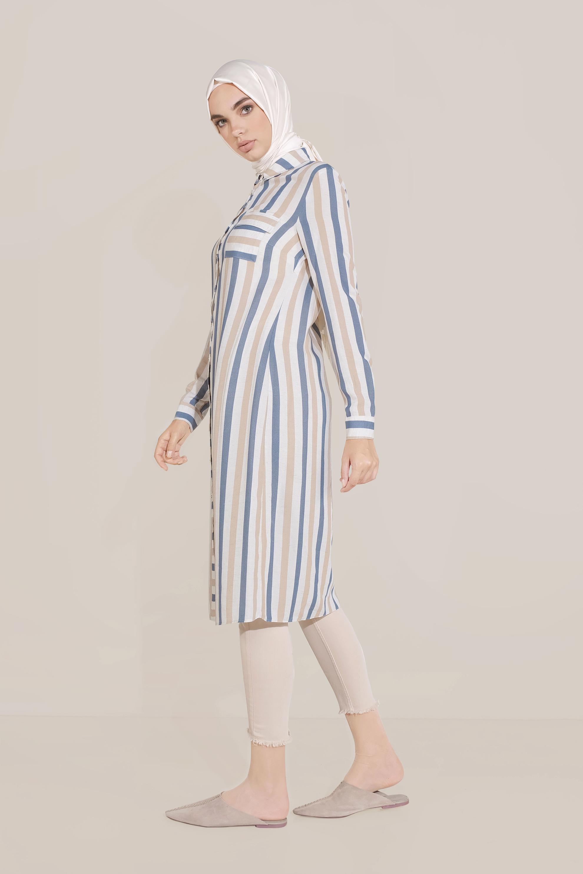 Tesettür giyim LACİVERT ÇİZGİLİ BOYDAN DÜĞMELİ TUNİK 40699