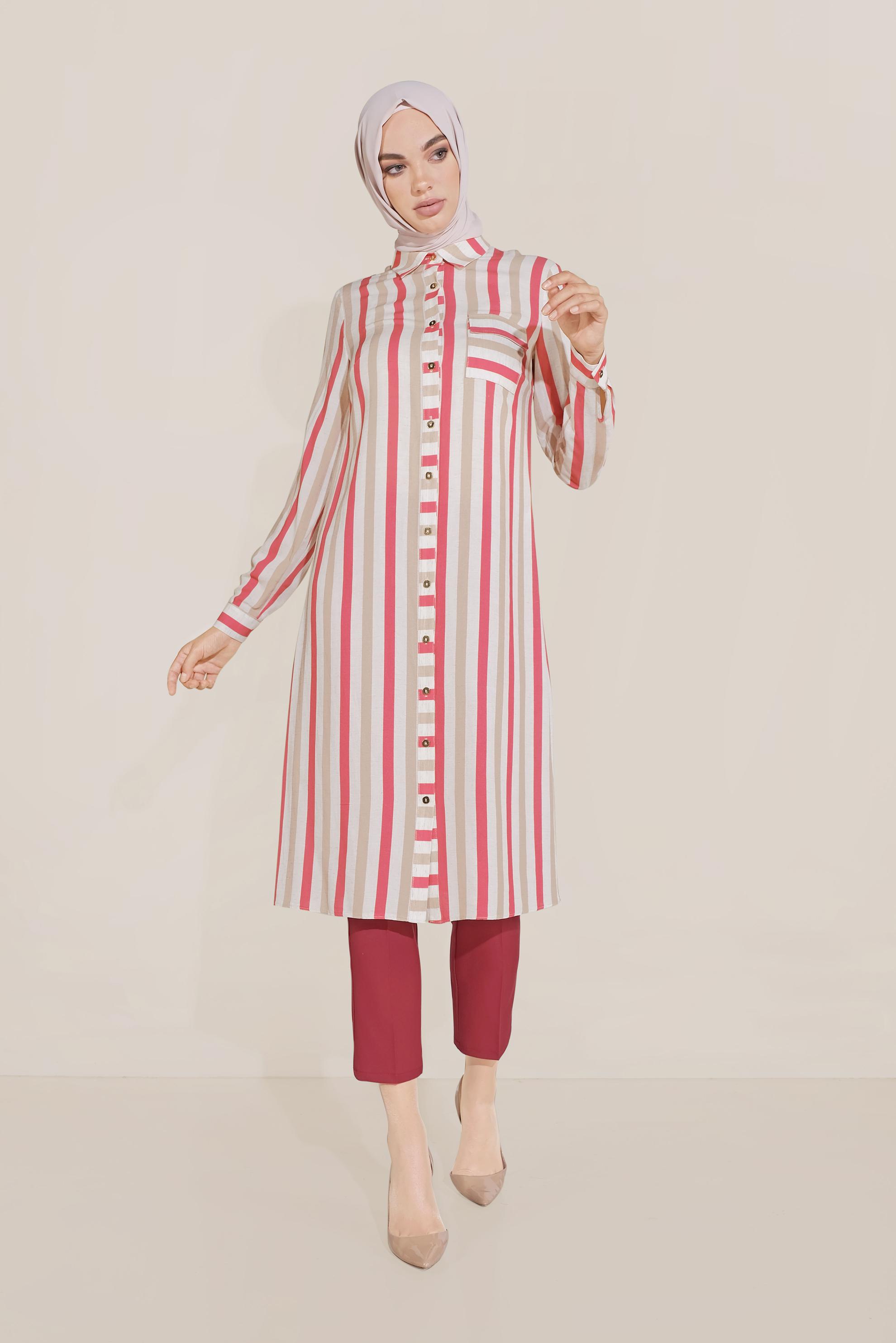 Tesettür giyim KIRMIZI ÇİZGİLİ BOYDAN DÜĞMELİ TUNİK 40699