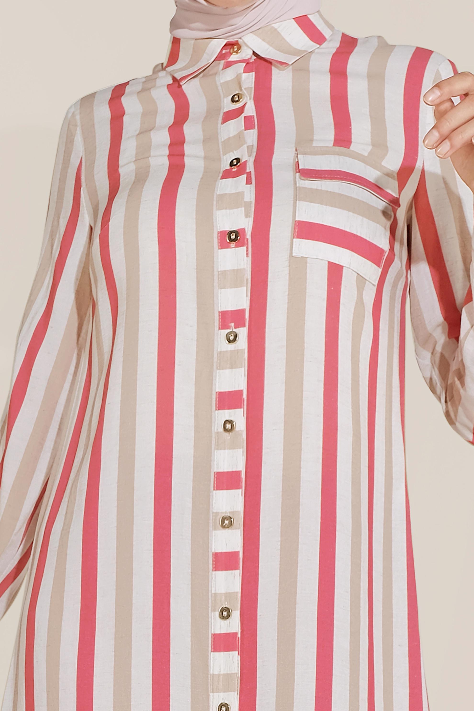 Tesettür giyim KIRMIZI ÇİZGİLİ BOYDAN DÜĞMELİ TUNİK 40699