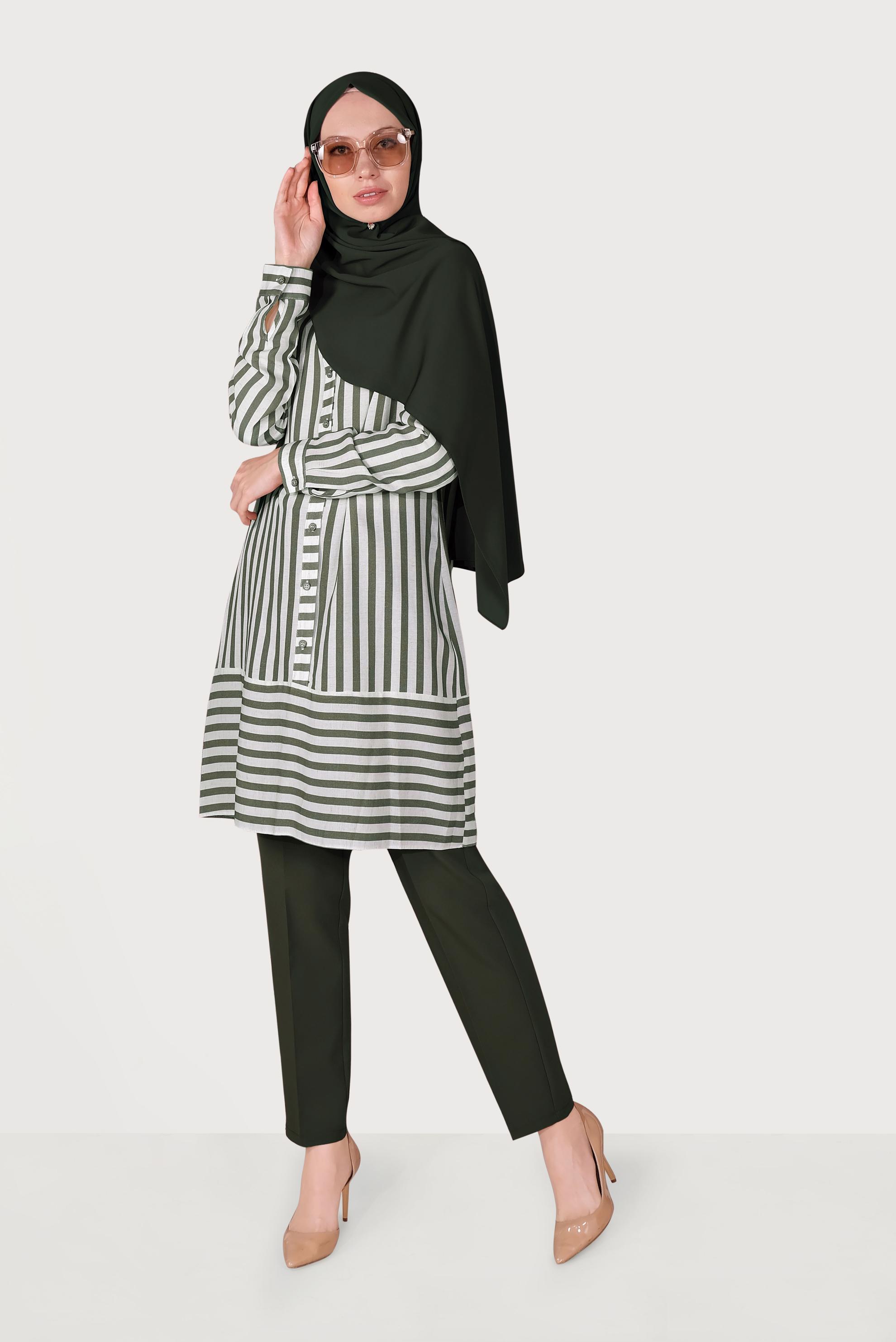 Tesettür giyim HAKİ ÇİZGİLİ TUNİK 40700