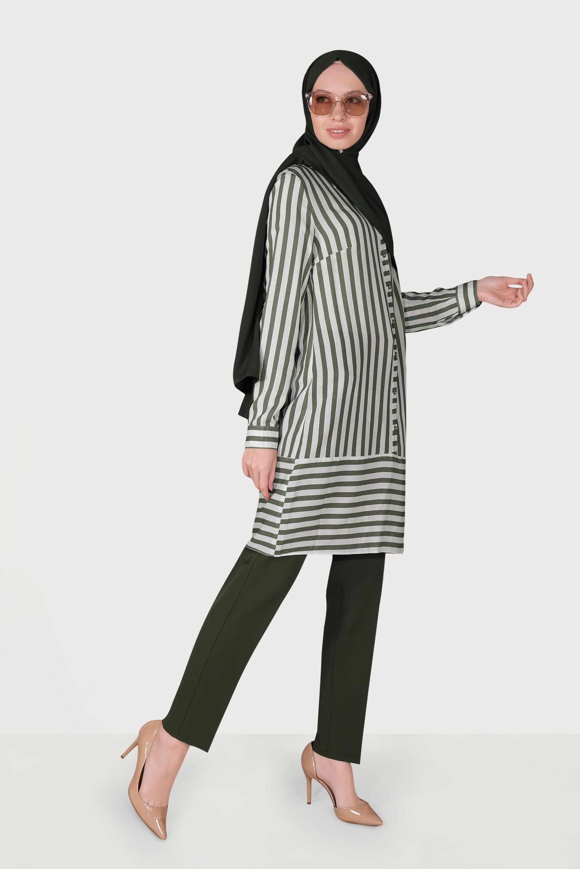 Tesettür giyim HAKİ ÇİZGİLİ TUNİK 40700