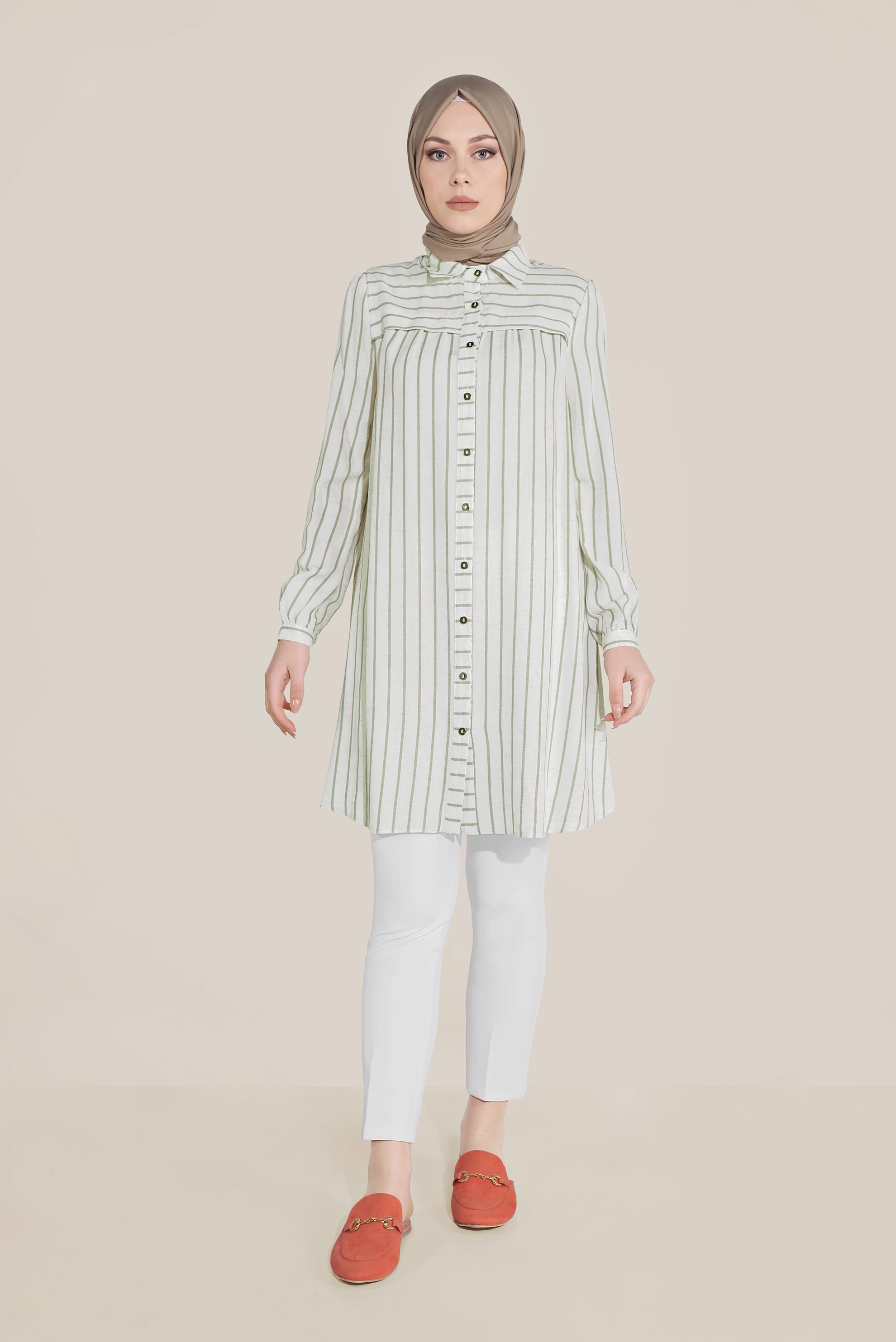 Tesettür giyim YEŞİL BOYDAN DÜĞMELİ ÇİZGİLİ TUNİK 40701 