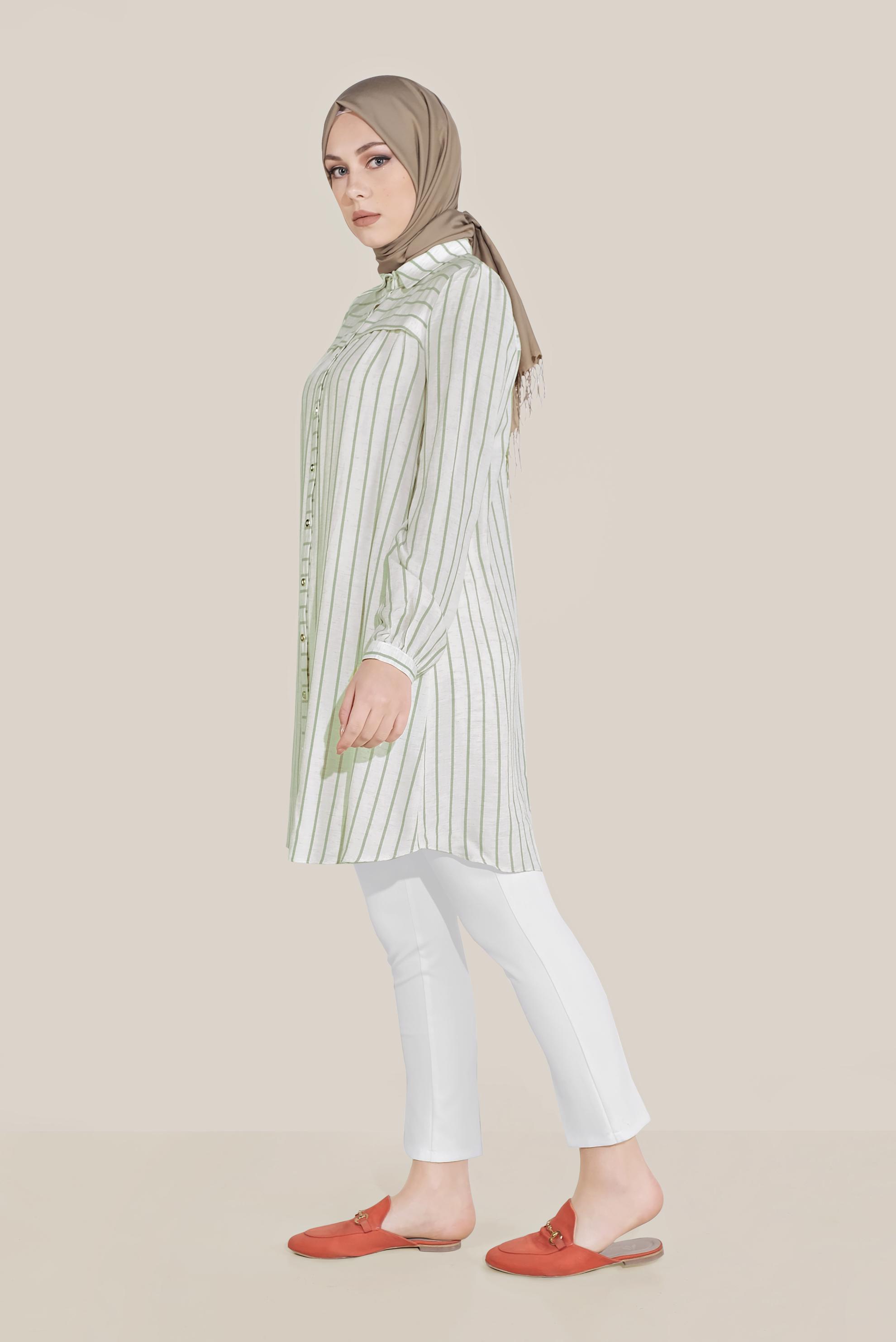 Tesettür giyim YEŞİL BOYDAN DÜĞMELİ ÇİZGİLİ TUNİK 40701 