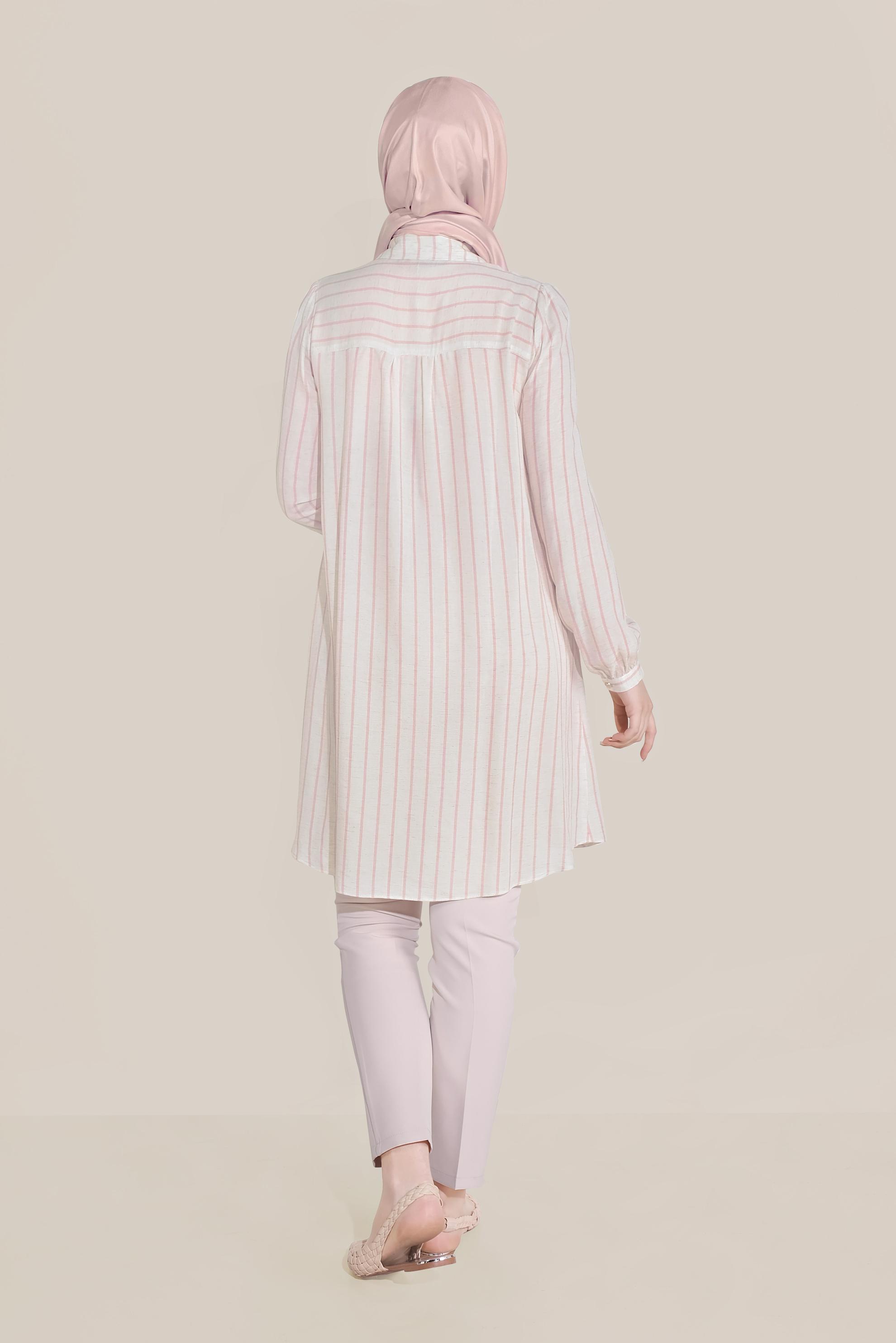 Tesettür giyim PUDRA BOYDAN DÜĞMELİ ÇİZGİLİ TUNİK 40701 