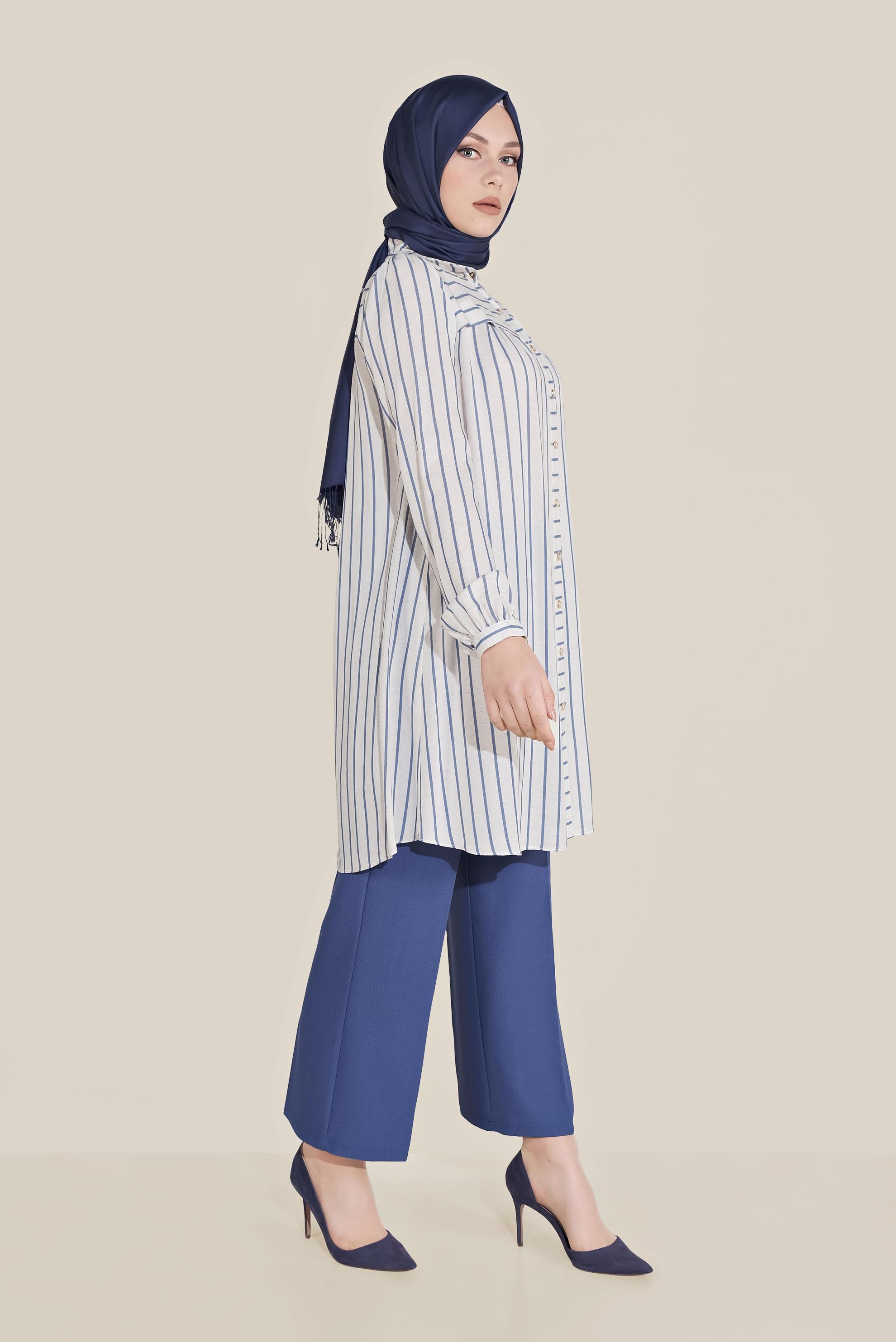 Tesettür giyim LACİVERT BOYDAN DÜĞMELİ ÇİZGİLİ TUNİK 40701 