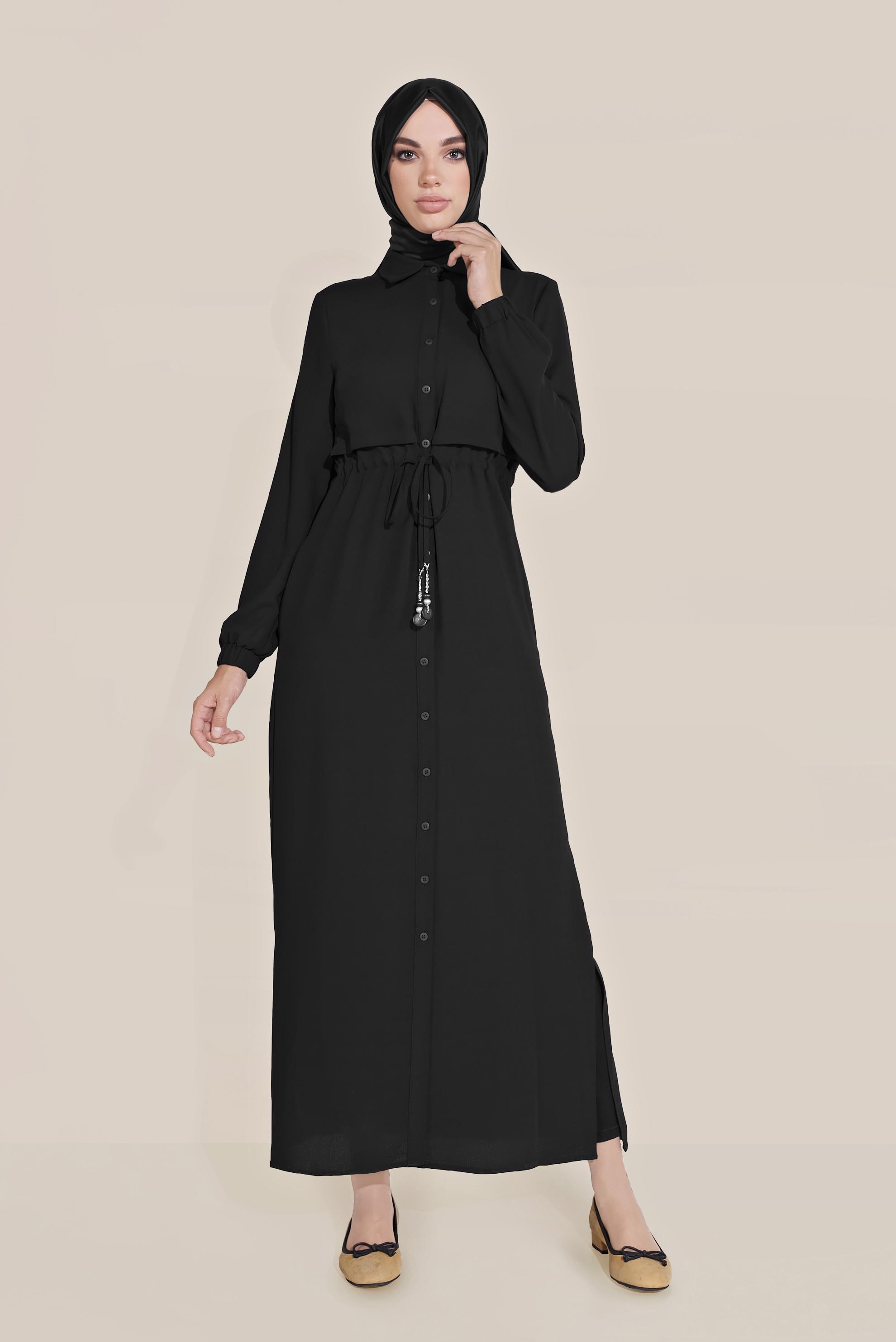 Tesettür giyim SİYAH BEL KISMI BÜZGÜLÜ BAĞCIKLI TUNİK 40706