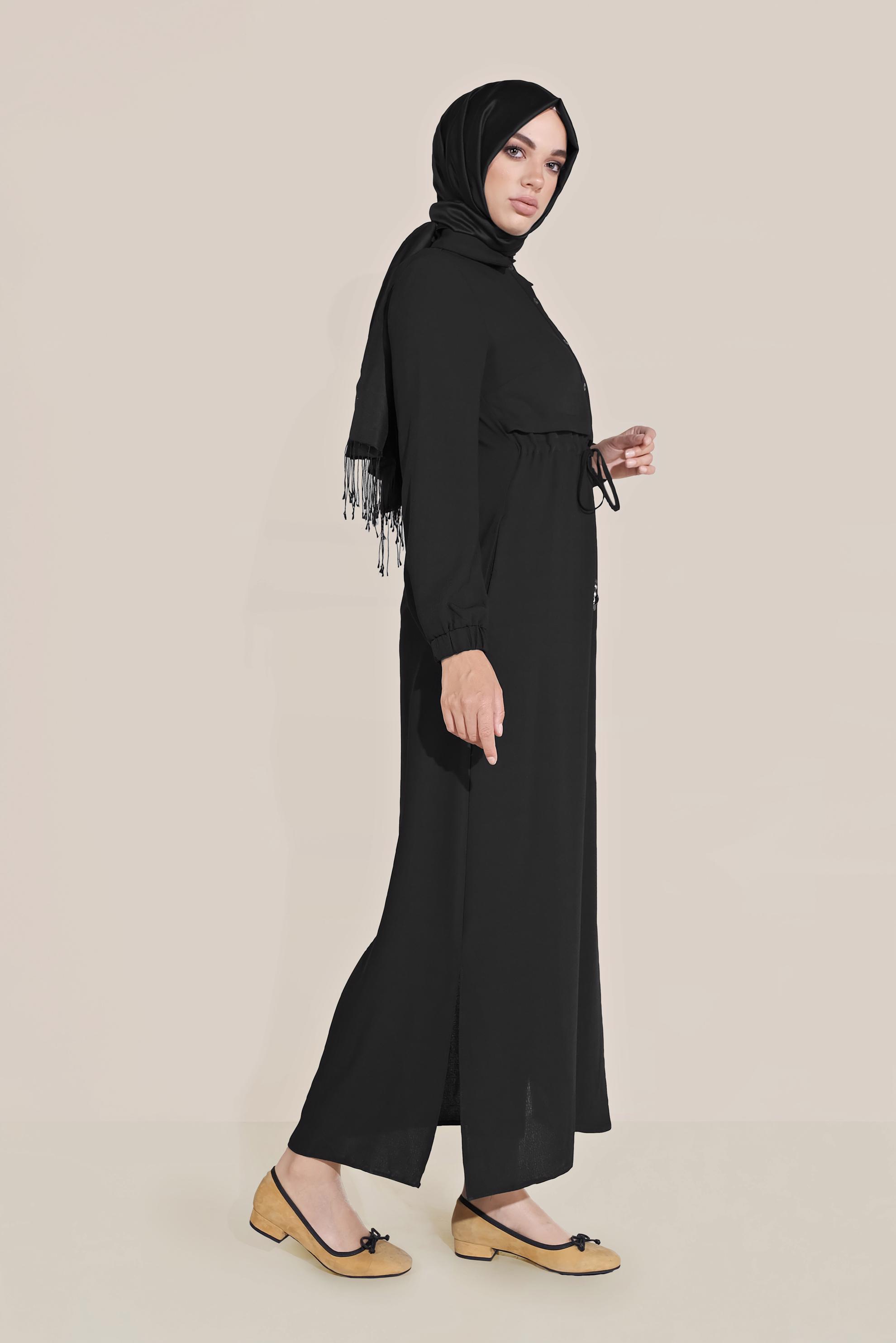 Tesettür giyim SİYAH BEL KISMI BÜZGÜLÜ BAĞCIKLI TUNİK 40706