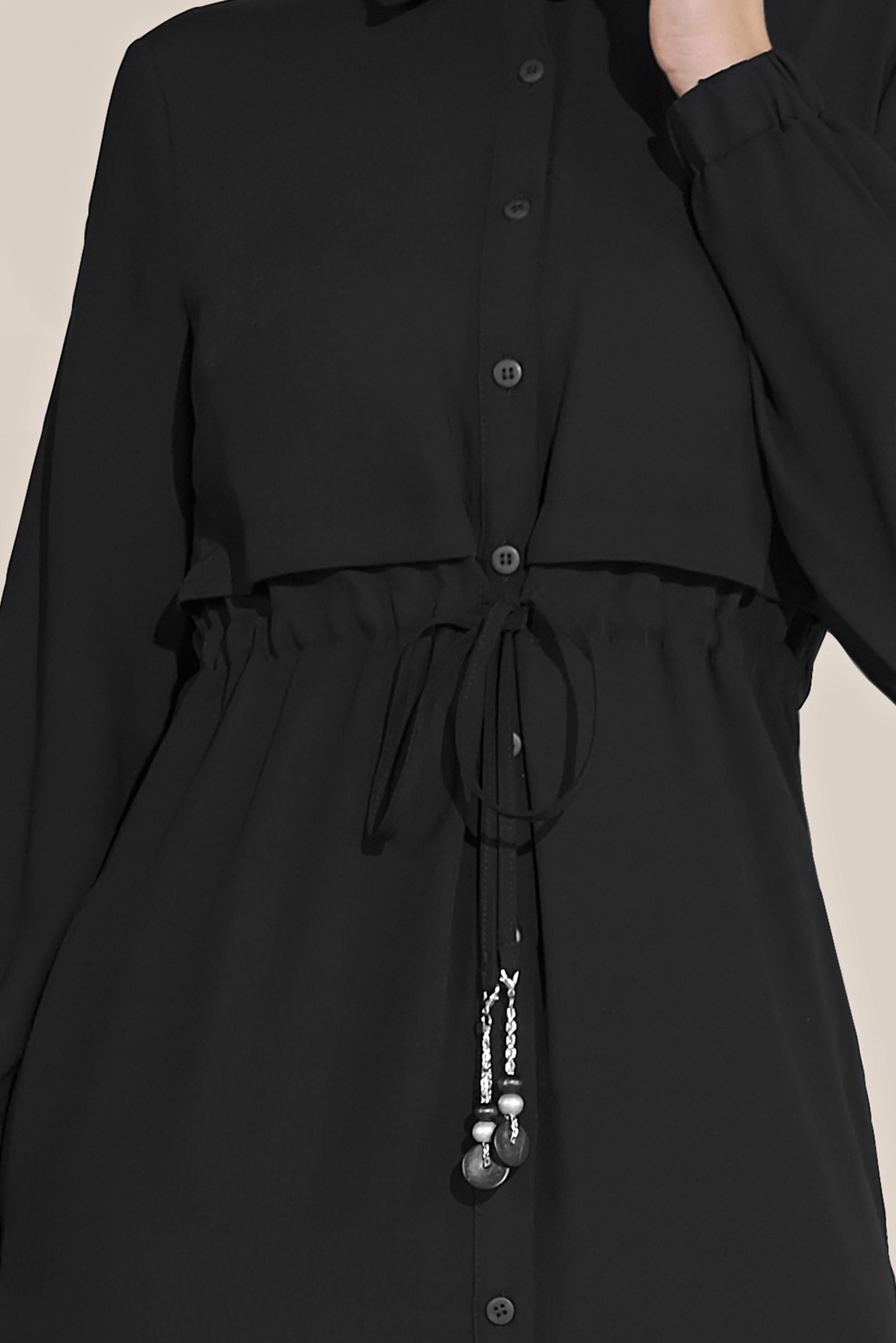 Tesettür giyim SİYAH BEL KISMI BÜZGÜLÜ BAĞCIKLI TUNİK 40706