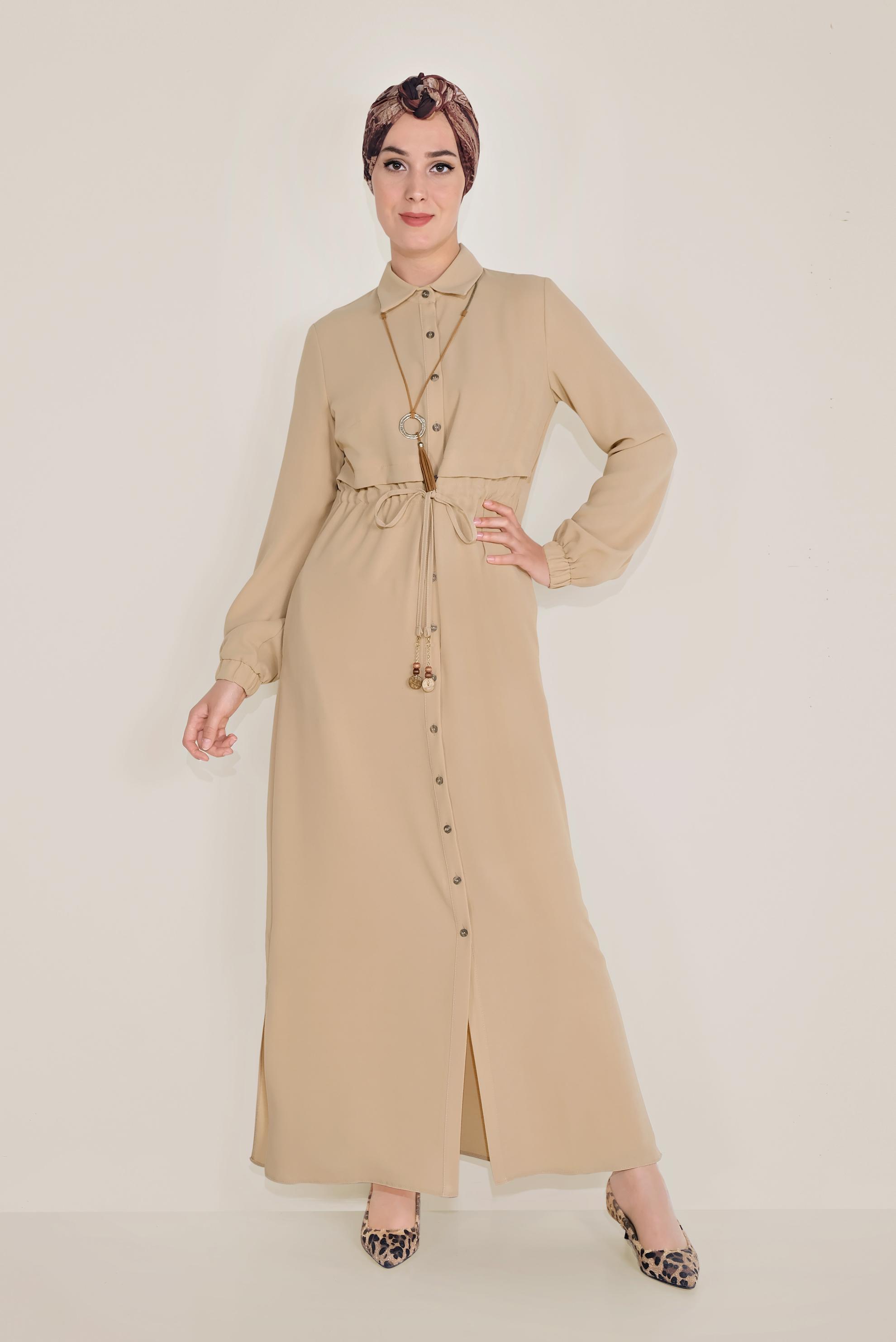 Tesettür giyim BEJ BEL KISMI BÜZGÜLÜ BAĞCIKLI TUNİK 40706