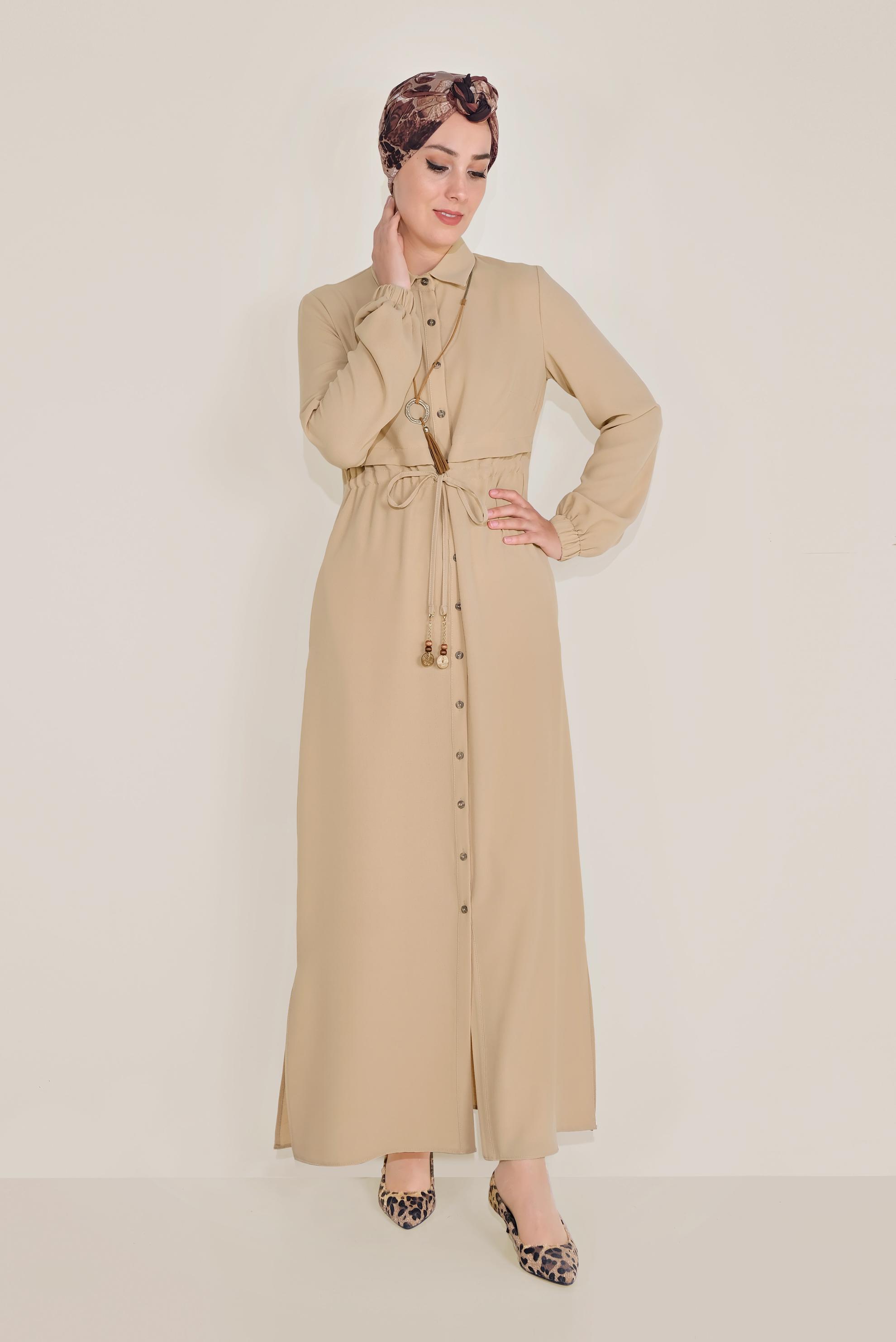 Tesettür giyim BEJ BEL KISMI BÜZGÜLÜ BAĞCIKLI TUNİK 40706