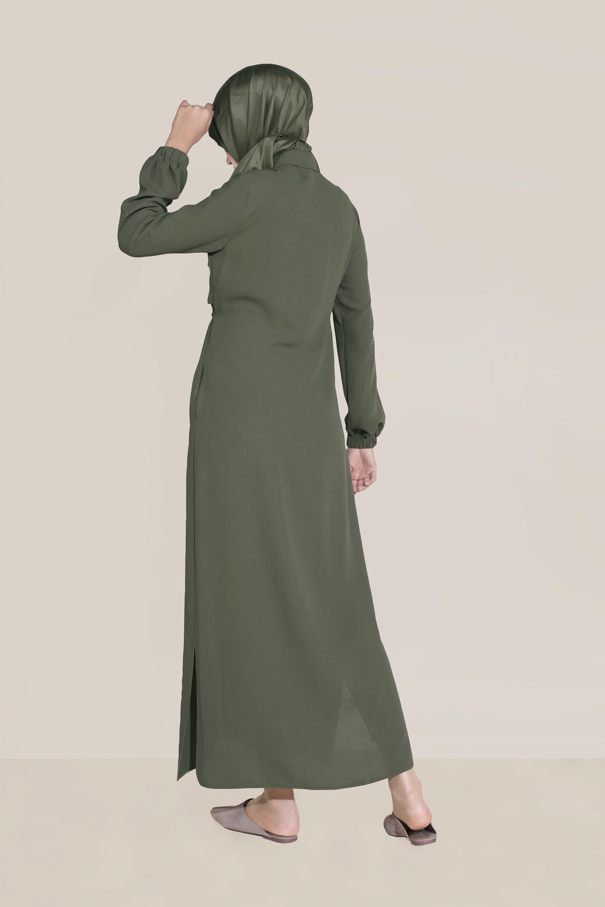 Tesettür giyim HAKİ BEL KISMI BÜZGÜLÜ BAĞCIKLI TUNİK 40706