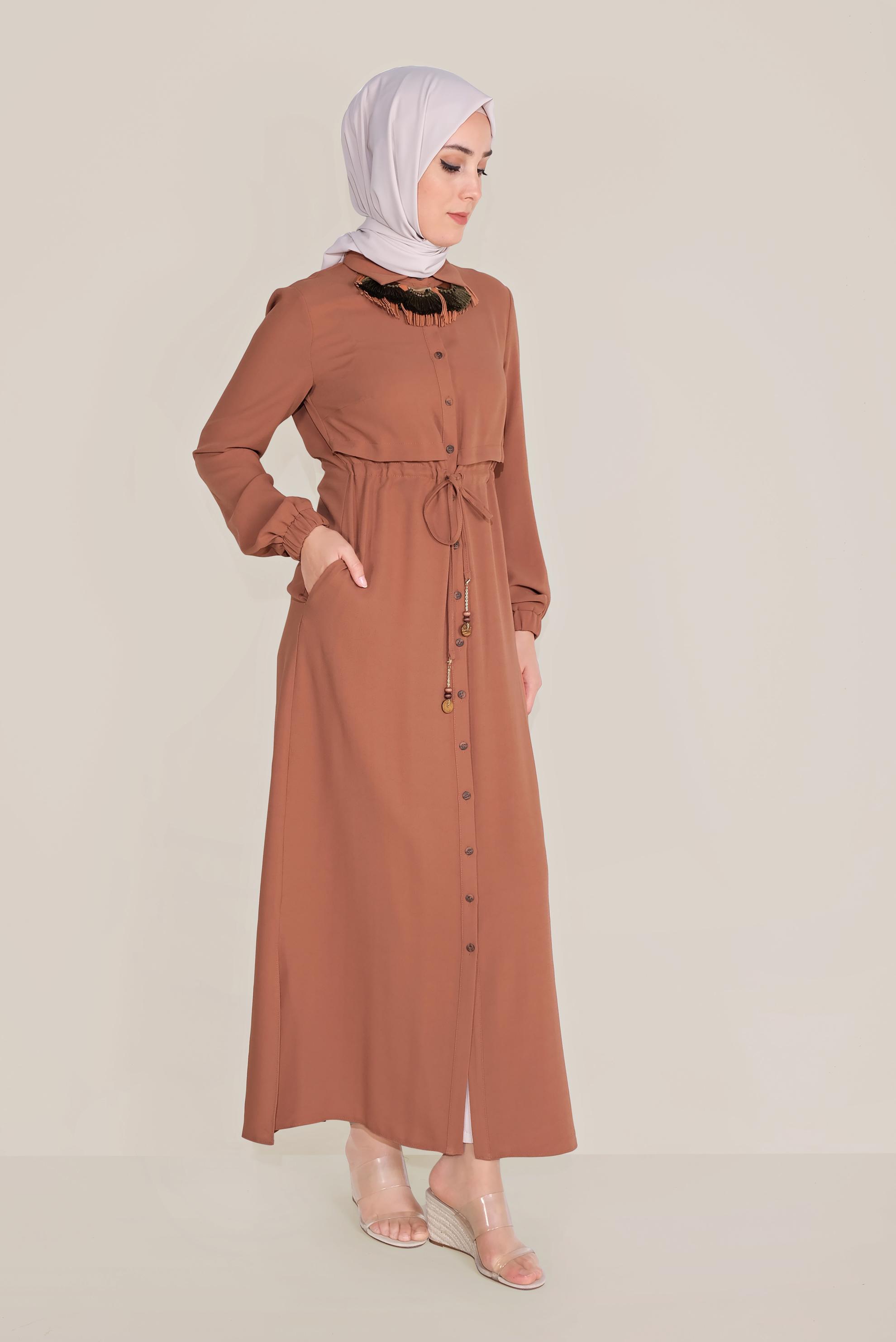 Tesettür giyim TURUNCU BEL KISMI BÜZGÜLÜ BAĞCIKLI TUNİK 40706