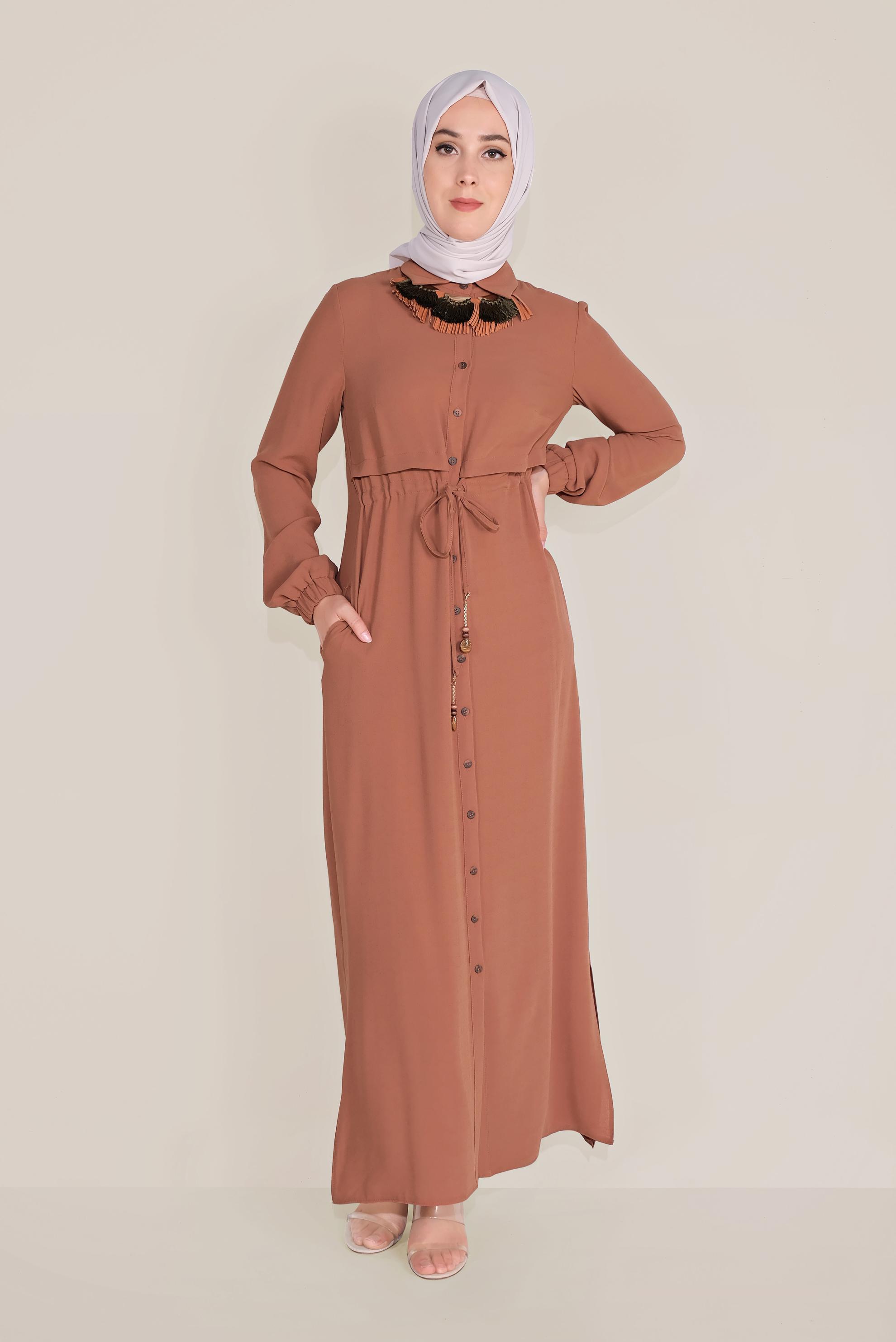 Tesettür giyim TURUNCU BEL KISMI BÜZGÜLÜ BAĞCIKLI TUNİK 40706