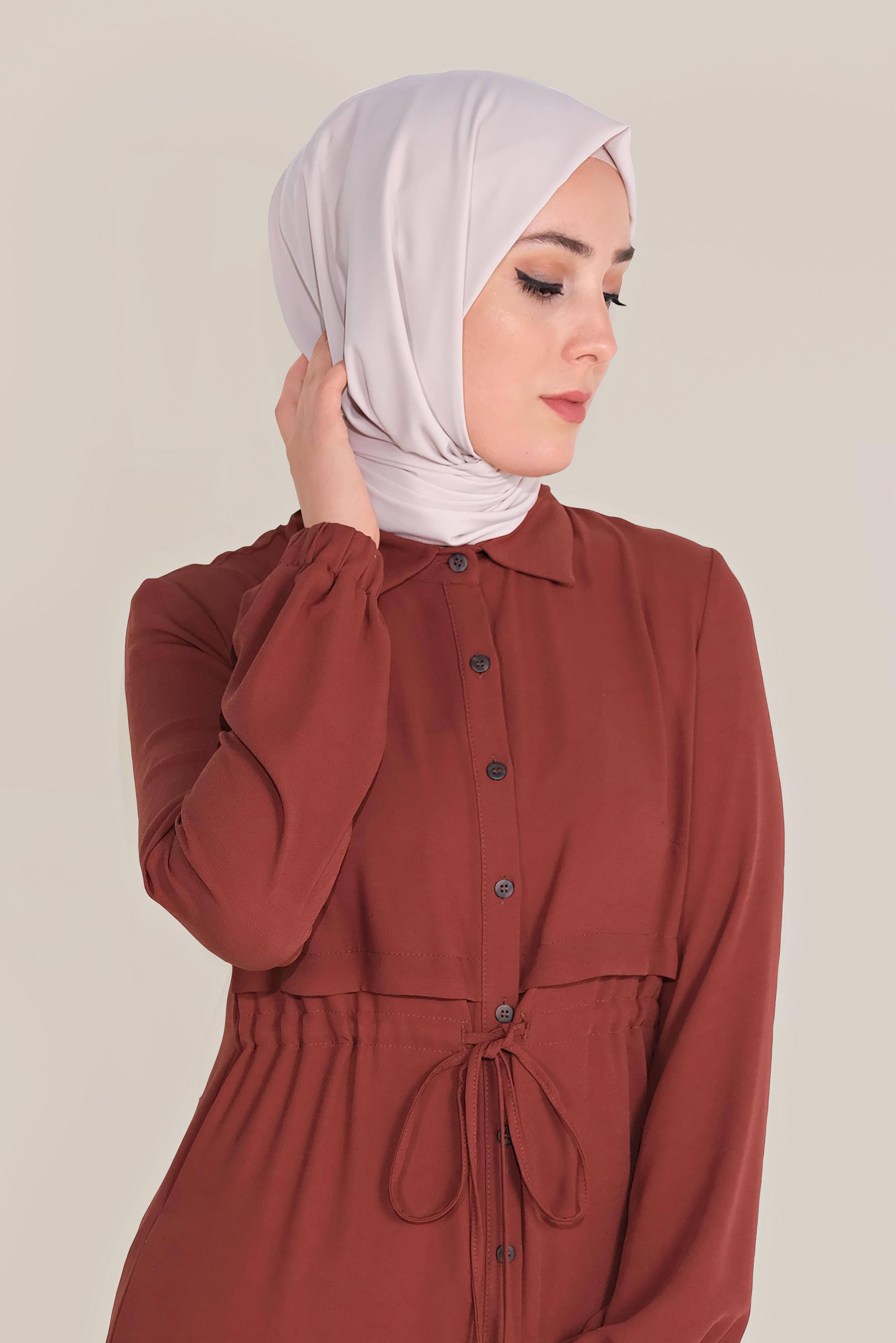 Tesettür giyim BORDO BEL KISMI BÜZGÜLÜ BAĞCIKLI TUNİK 40706