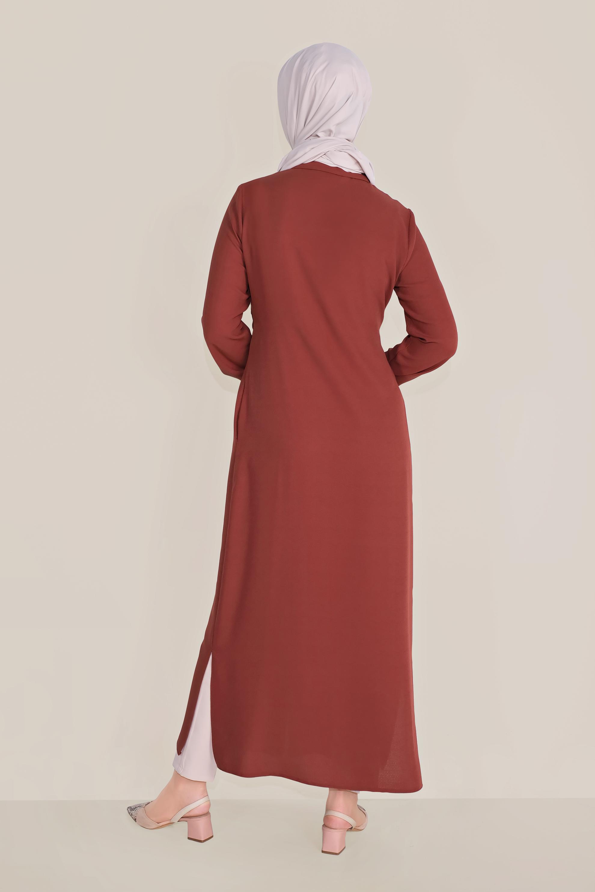 Tesettür giyim BORDO BEL KISMI BÜZGÜLÜ BAĞCIKLI TUNİK 40706