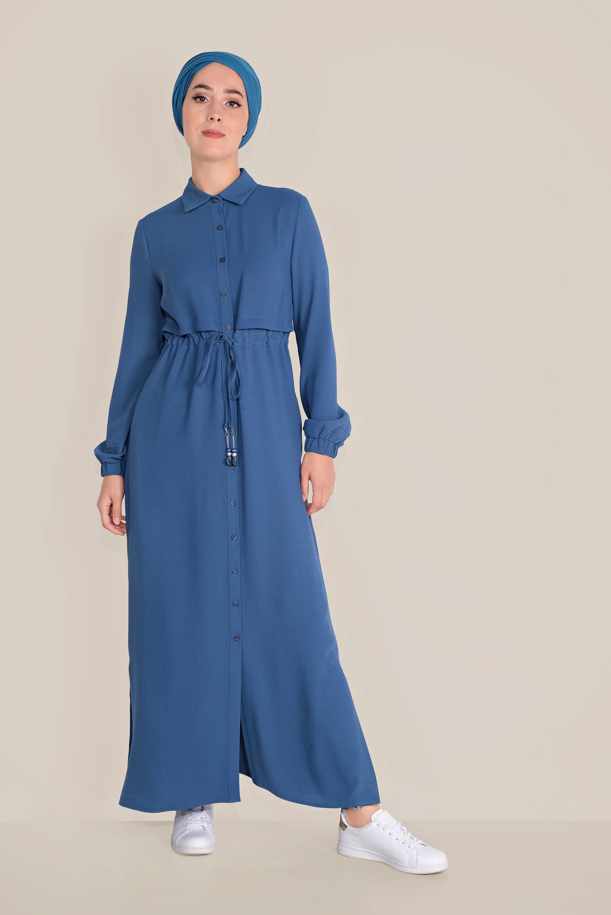 Tesettür giyim LACİVERT BEL KISMI BÜZGÜLÜ BAĞCIKLI TUNİK 40706