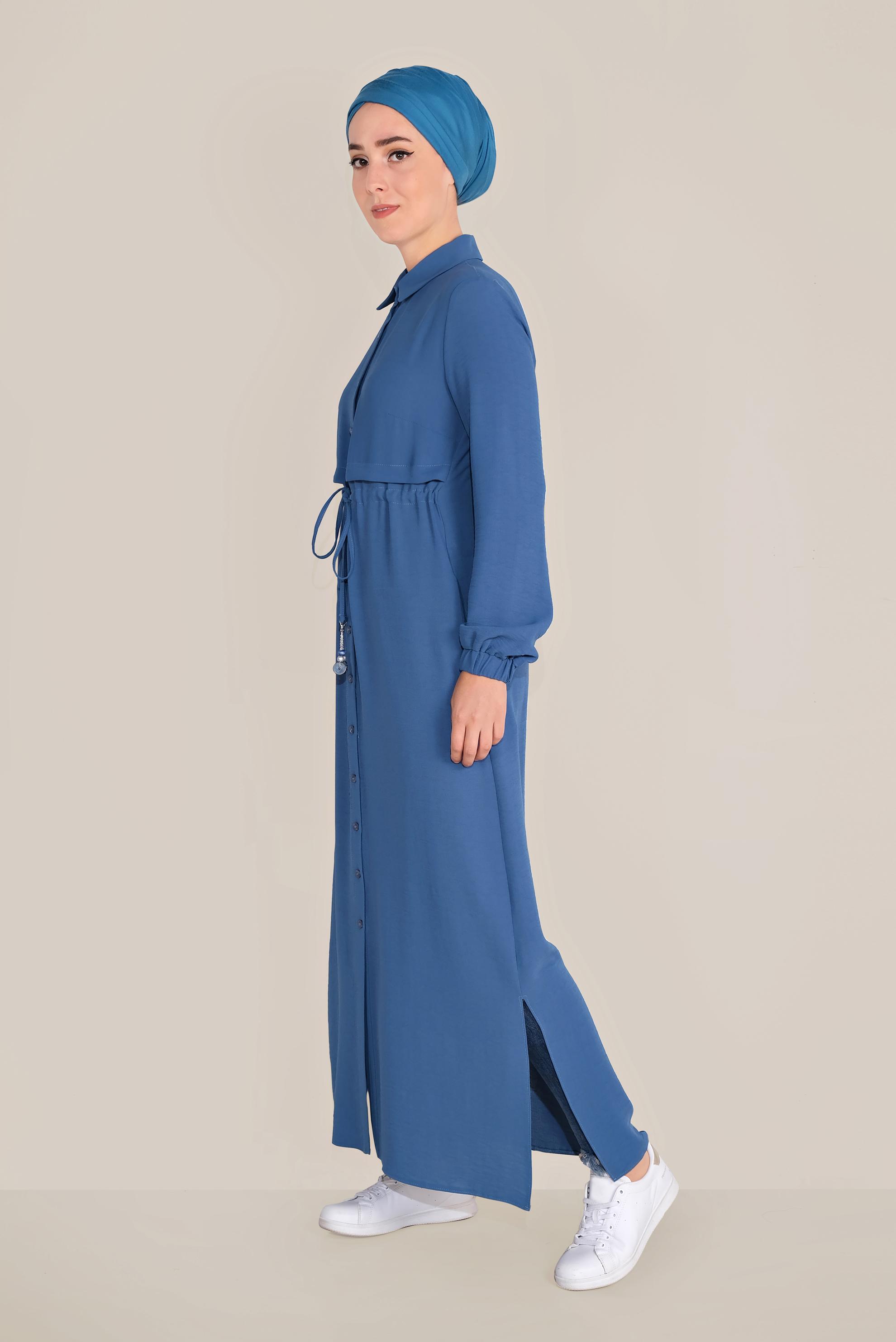 Tesettür giyim LACİVERT BEL KISMI BÜZGÜLÜ BAĞCIKLI TUNİK 40706