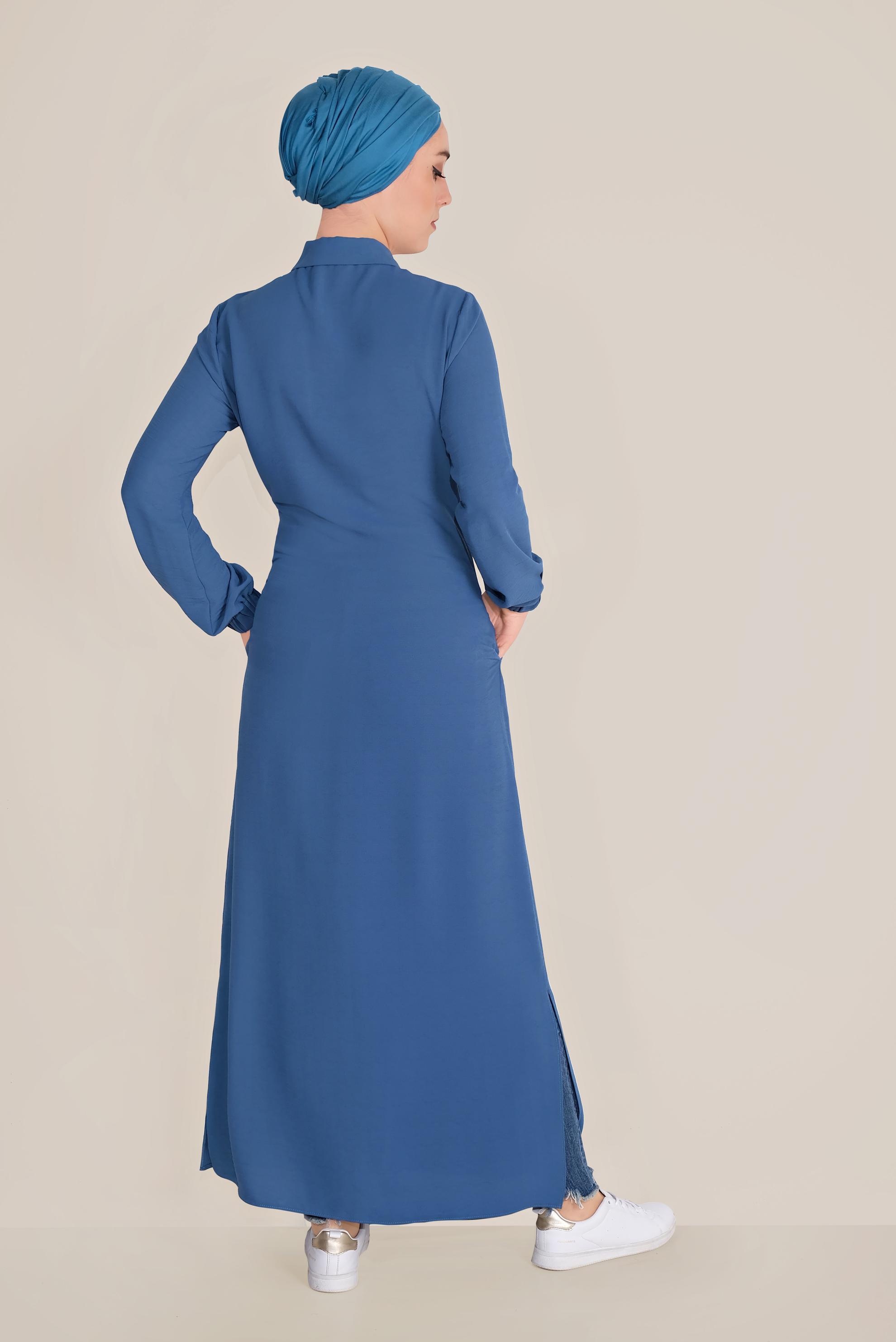 Tesettür giyim LACİVERT BEL KISMI BÜZGÜLÜ BAĞCIKLI TUNİK 40706