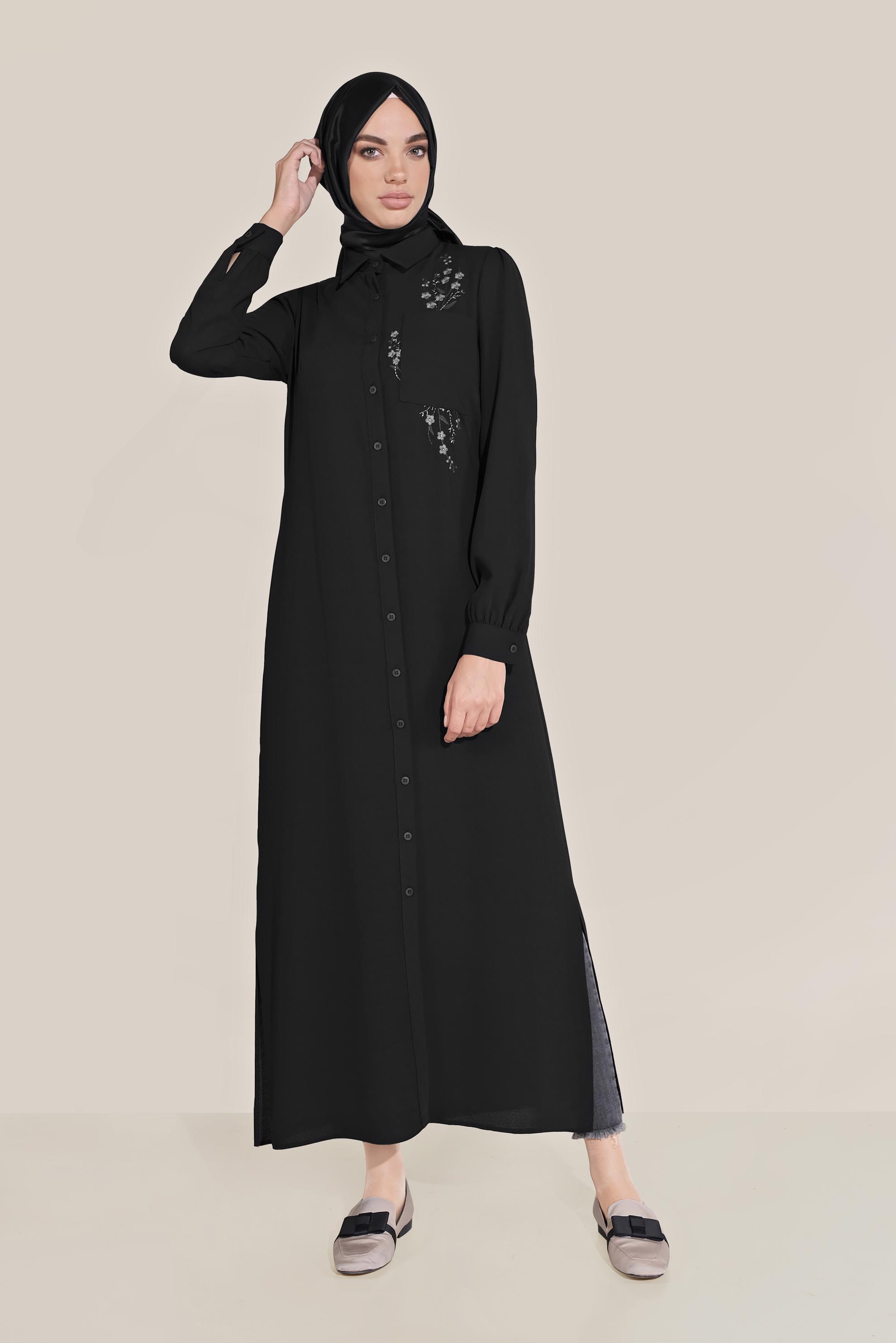 Tesettür giyim SİYAH ÇİÇEK NAKIŞLI TUNİK 40707 