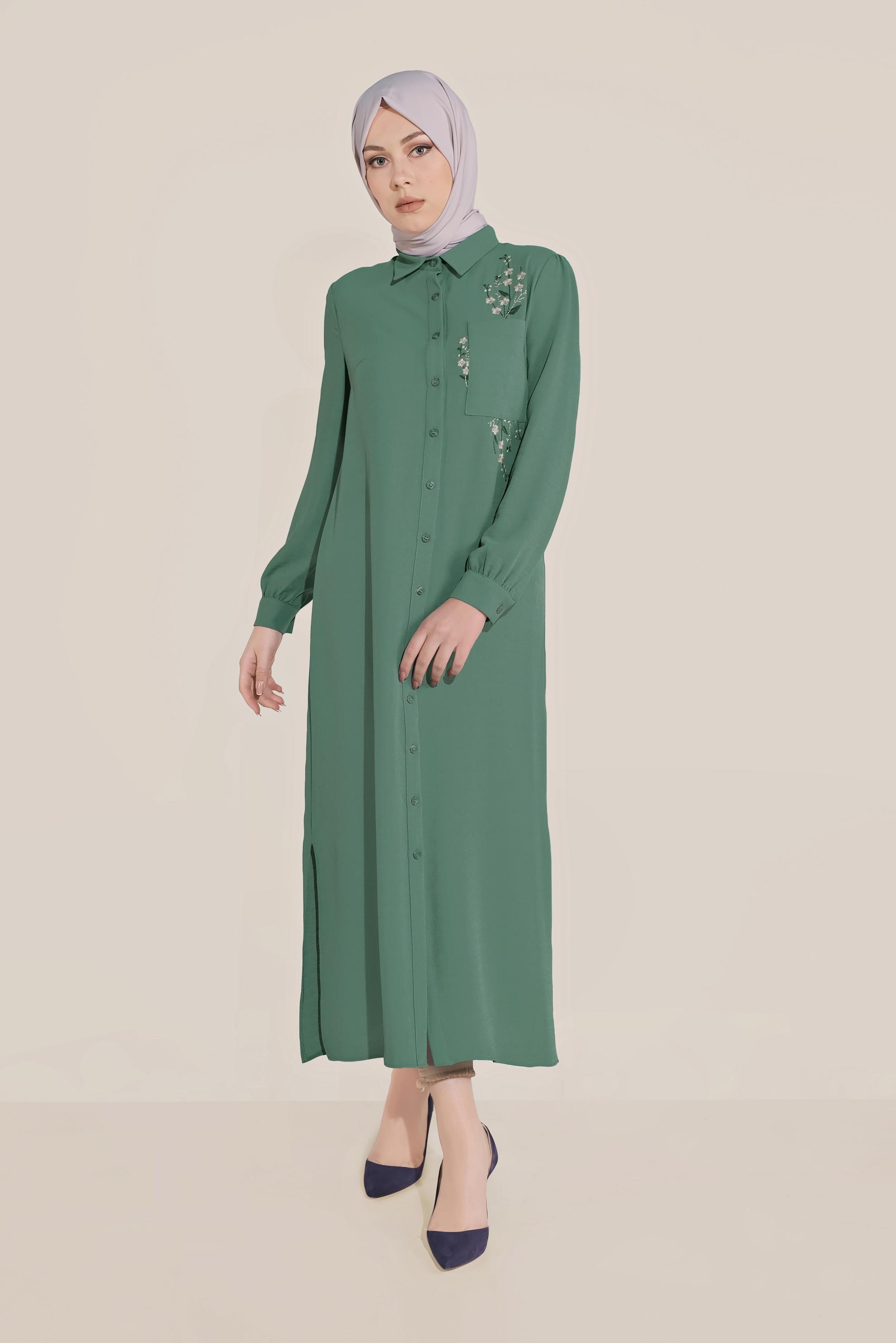 Tesettür giyim YEŞİL ÇİÇEK NAKIŞLI TUNİK 40707 