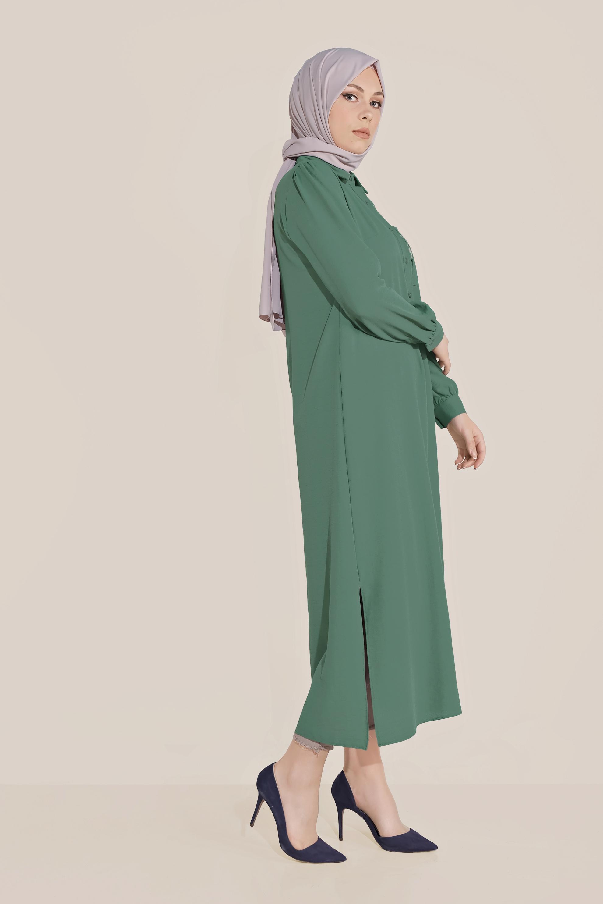 Tesettür giyim YEŞİL ÇİÇEK NAKIŞLI TUNİK 40707 