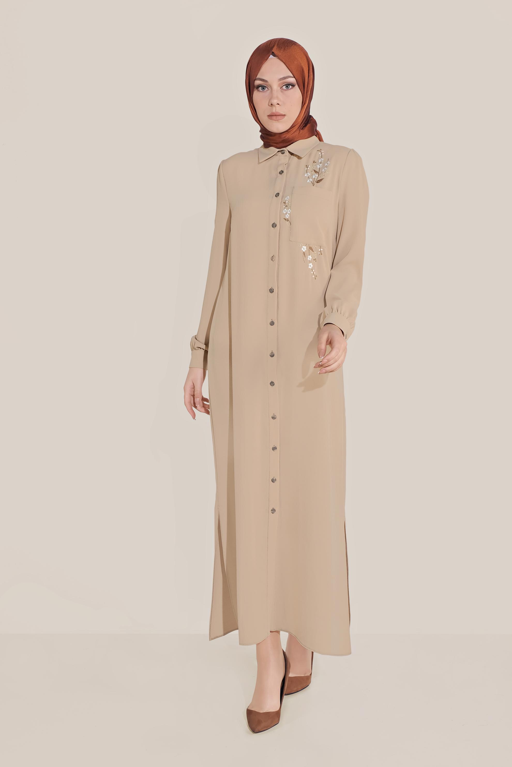 Tesettür giyim BEJ ÇİÇEK NAKIŞLI TUNİK 40707 