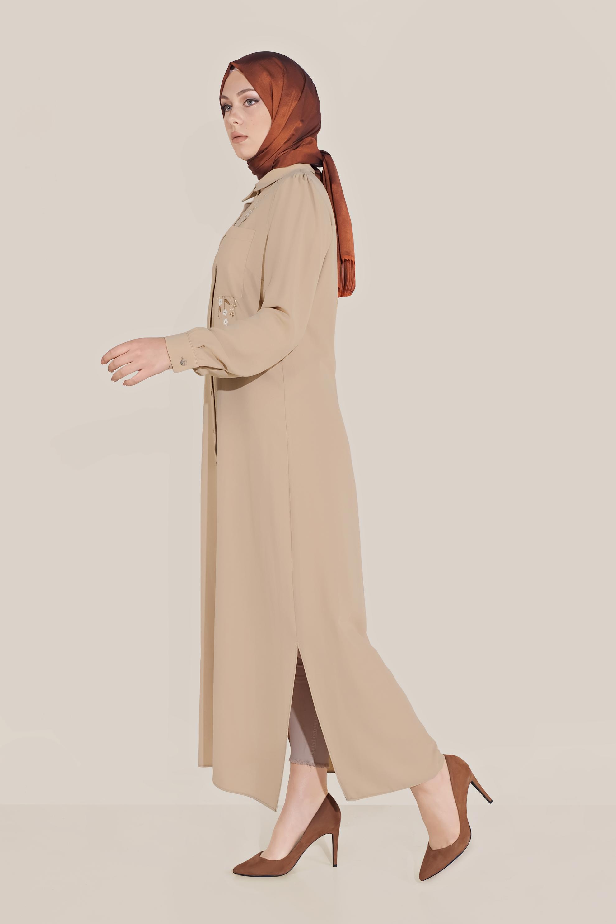 Tesettür giyim BEJ ÇİÇEK NAKIŞLI TUNİK 40707 