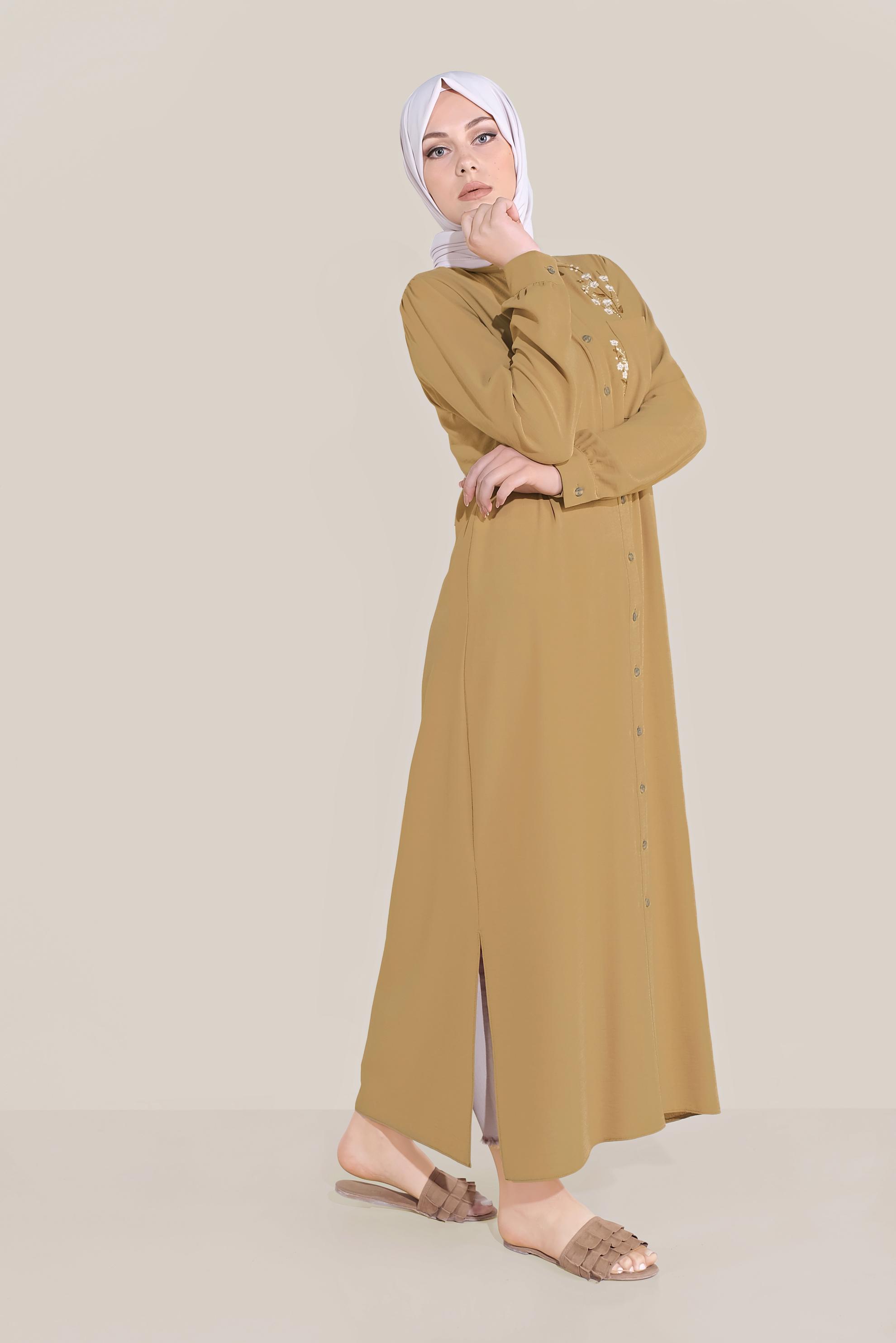 Tesettür giyim SARI ÇİÇEK NAKIŞLI TUNİK 40707 