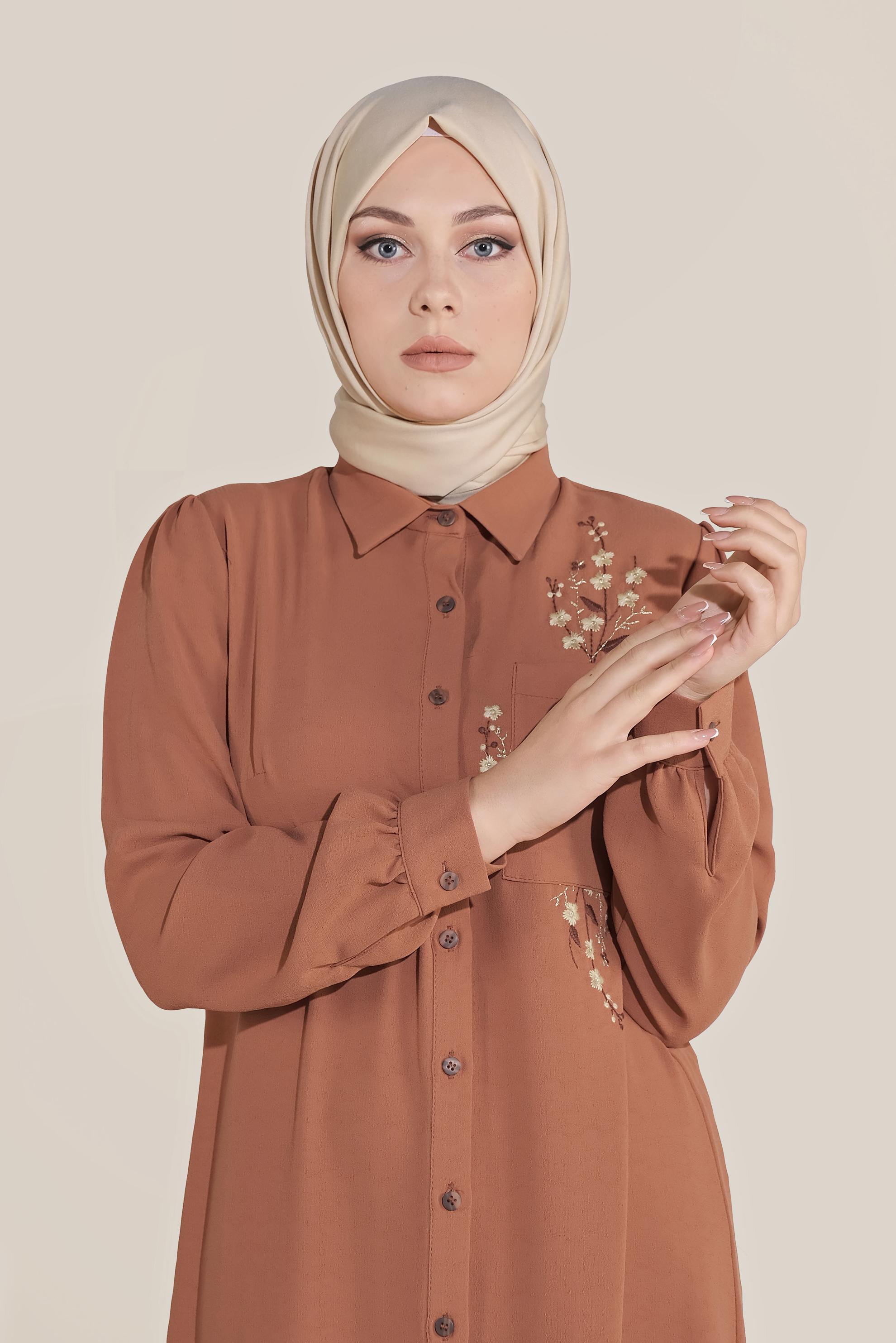 Tesettür giyim TURUNCU ÇİÇEK NAKIŞLI TUNİK 40707 