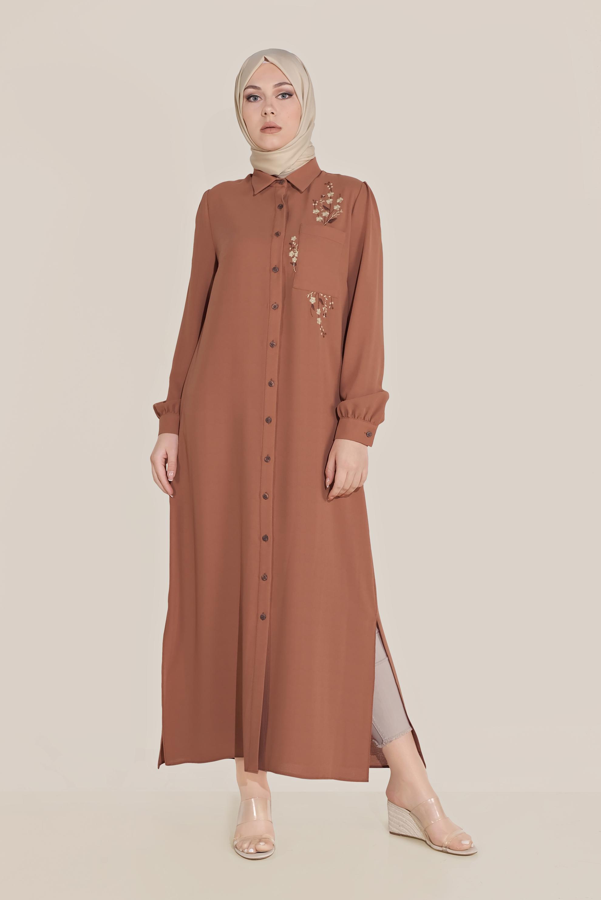 Tesettür giyim TURUNCU ÇİÇEK NAKIŞLI TUNİK 40707 