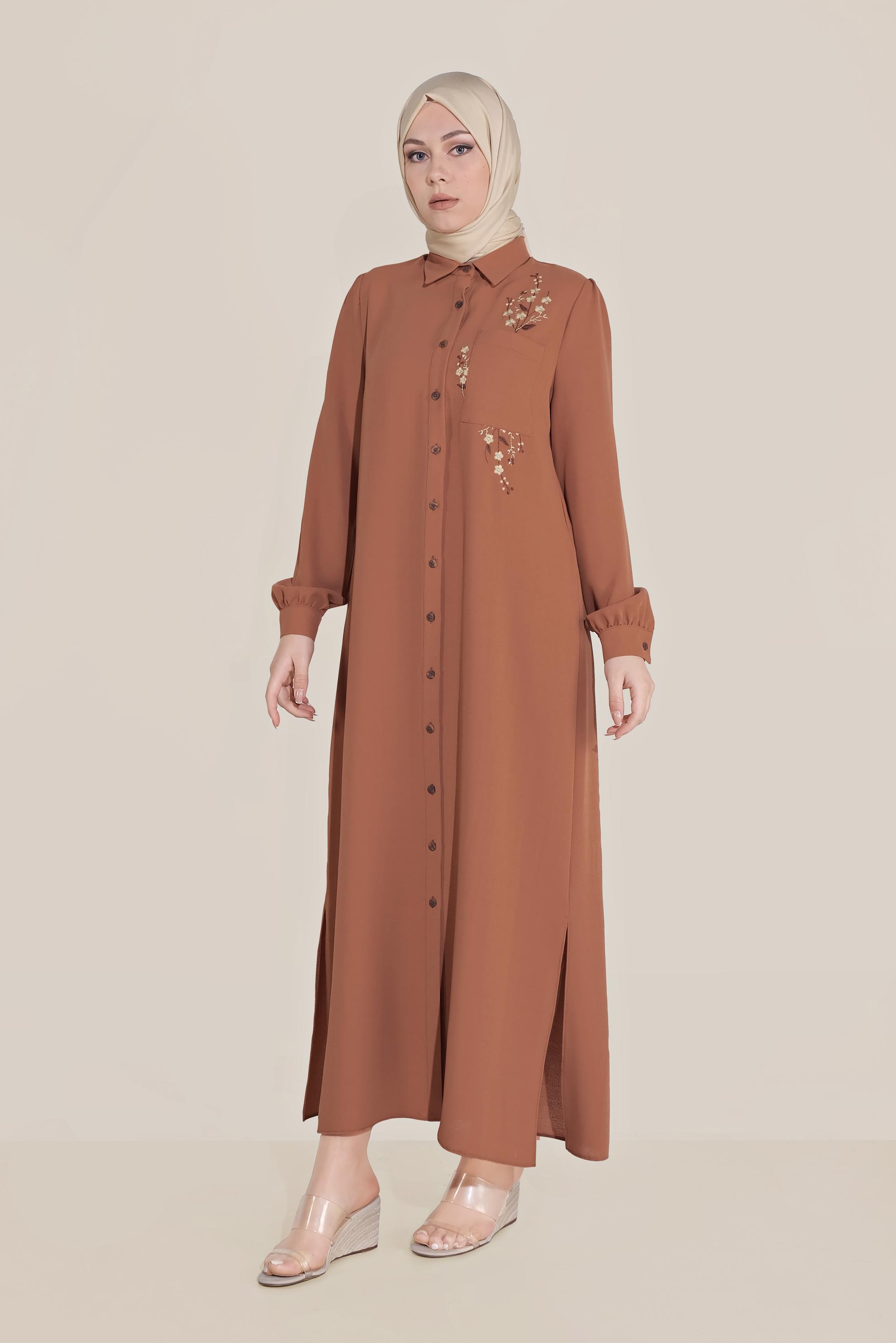 Tesettür giyim TURUNCU ÇİÇEK NAKIŞLI TUNİK 40707 