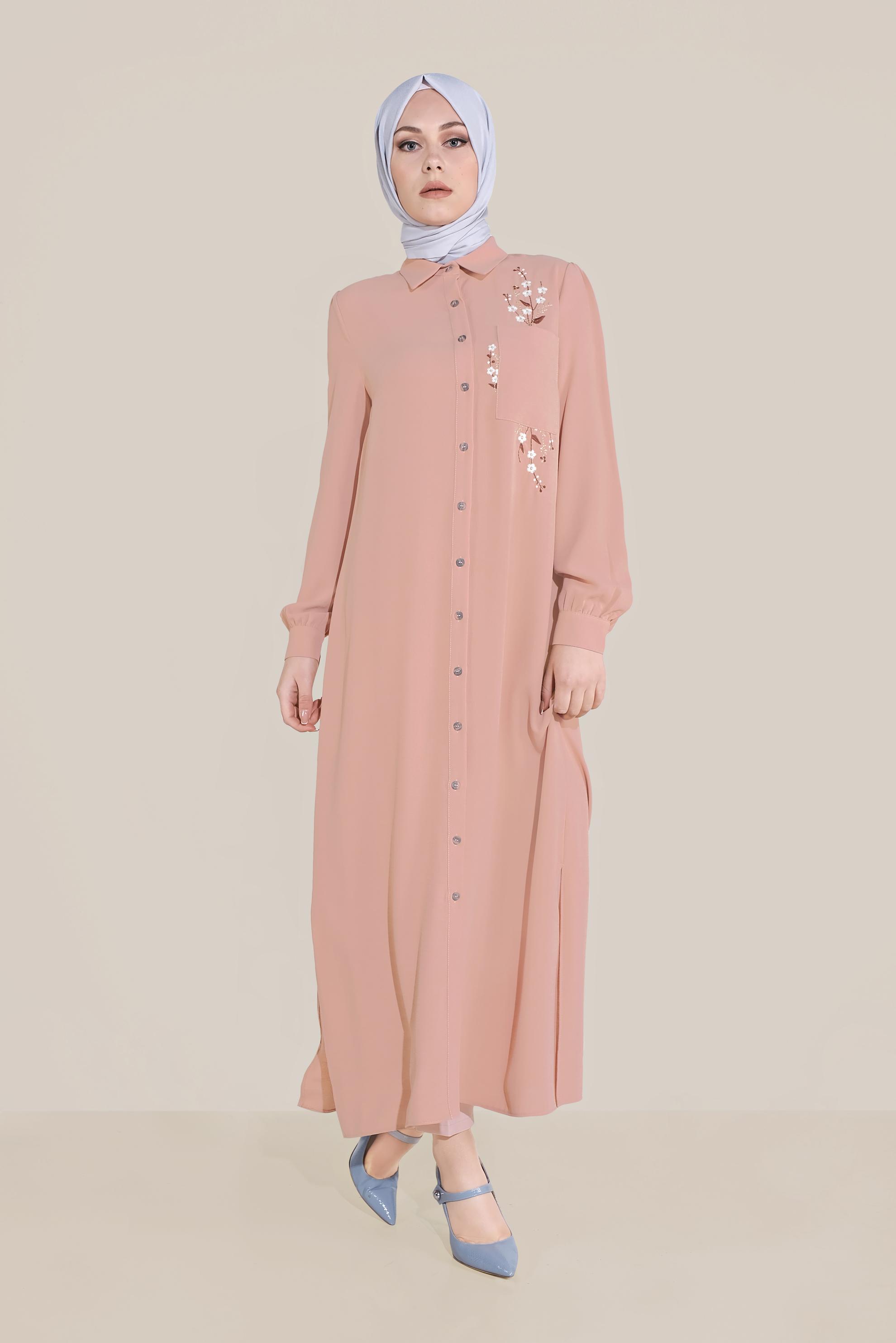 Tesettür giyim PUDRA ÇİÇEK NAKIŞLI TUNİK 40707 